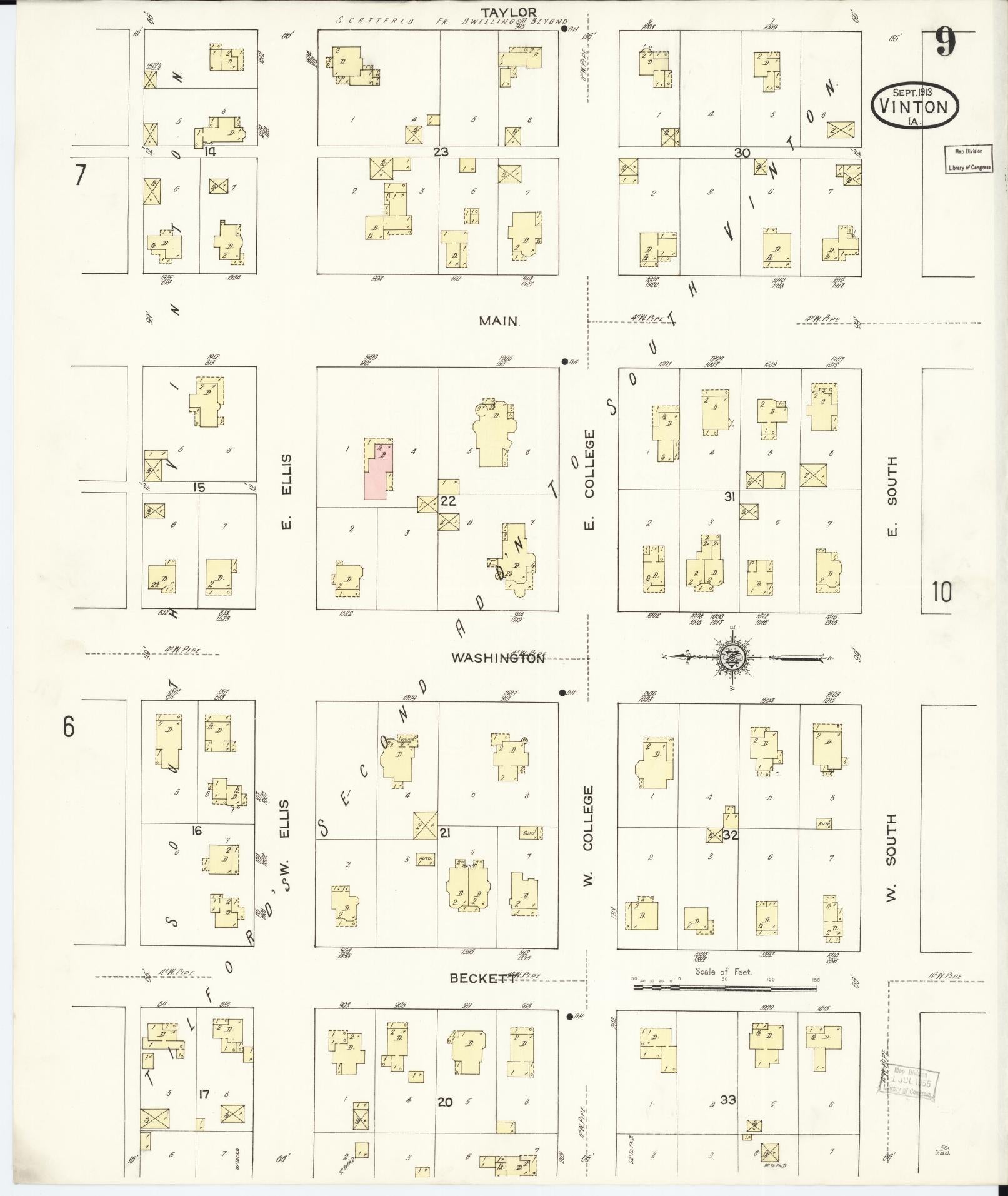 Sanborn Fire Insurance Map from Vinton, Benton County, Iowa (1913), Sheet #0009 - Historic Sanborn Fire Insurance Map Print, vintage old map wall art