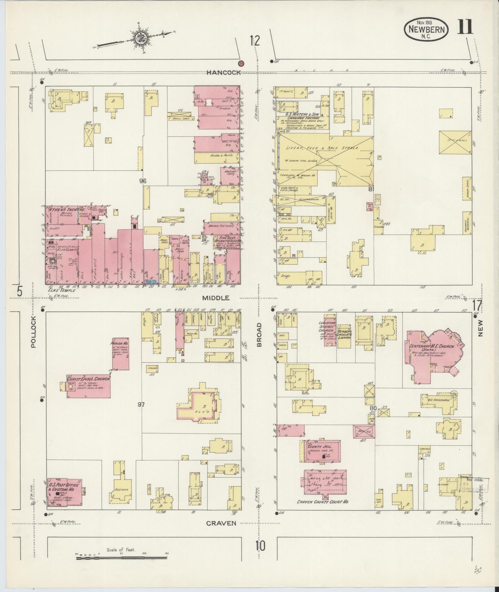 Sanborn Fire Insurance Map from New Bern, Craven County, North Carolina (1913), Sheet #0011 - Historic Sanborn Fire Insurance Map Print, vintage old map wall art, antique decor, genealogy gift, North Carolina North Carolina map