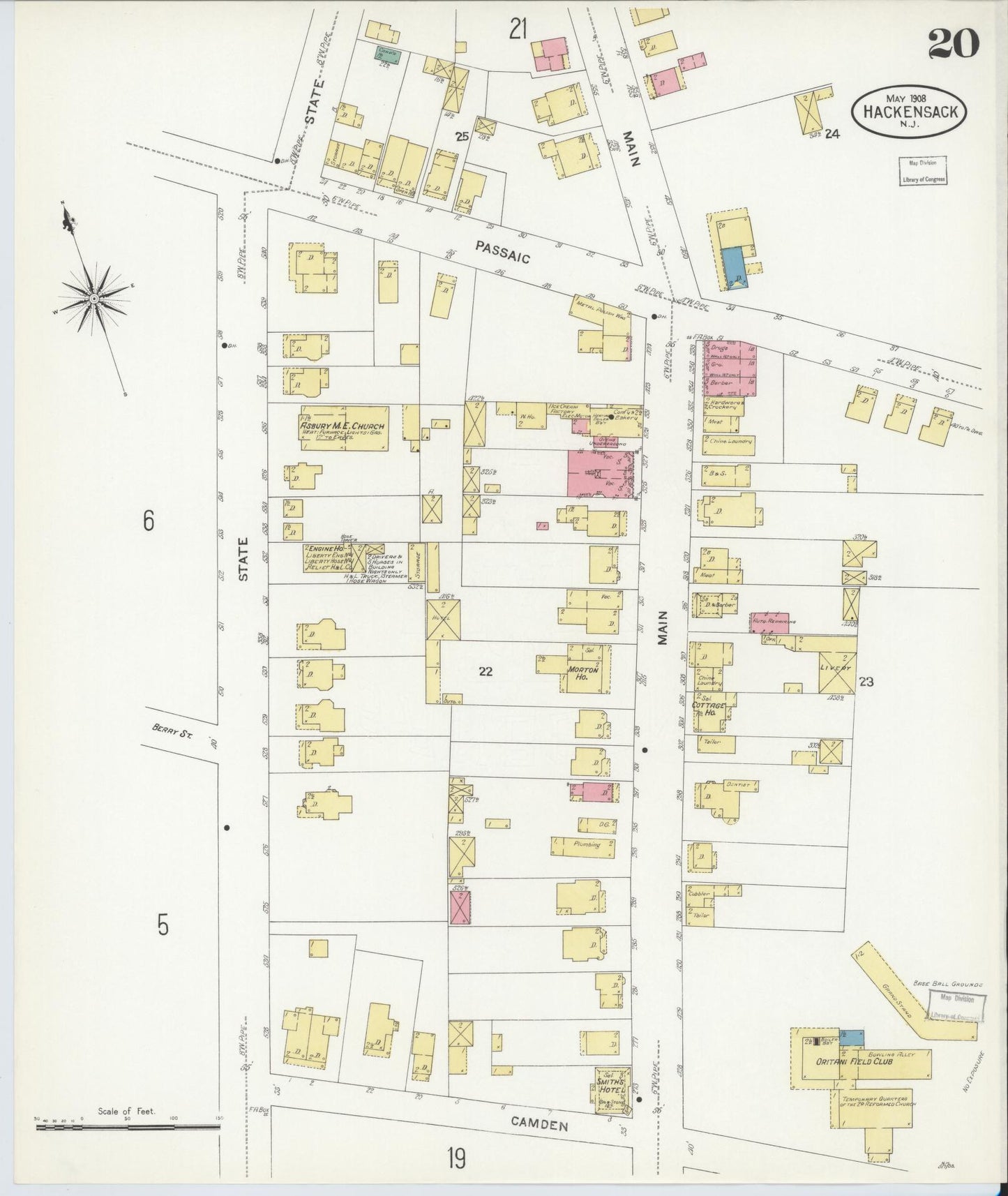 Sanborn Fire Insurance Map from Hackensack, Bergen County, New Jersey (1908), Sheet #0020 - Historic Sanborn Fire Insurance Map Print, vintage old map wall art, antique decor, genealogy gift, New Jersey New Jersey map