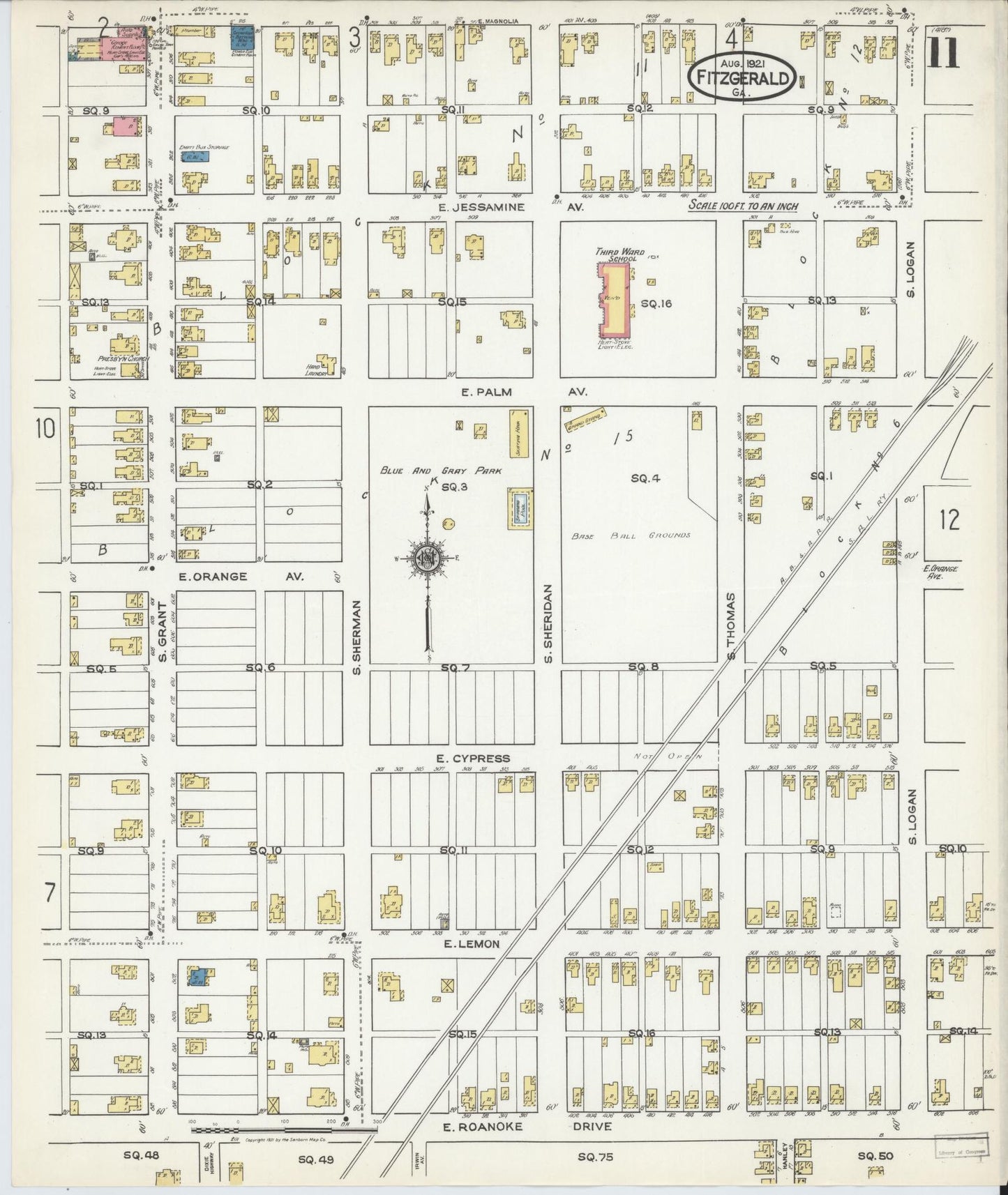 Sanborn Fire Insurance Map from Fitzgerald, Ben Hill County, Georgia (1921), Sheet #0011 - Complete Map Set gallery image, historic Sanborn map, vintage wall art, Georgia Georgia
