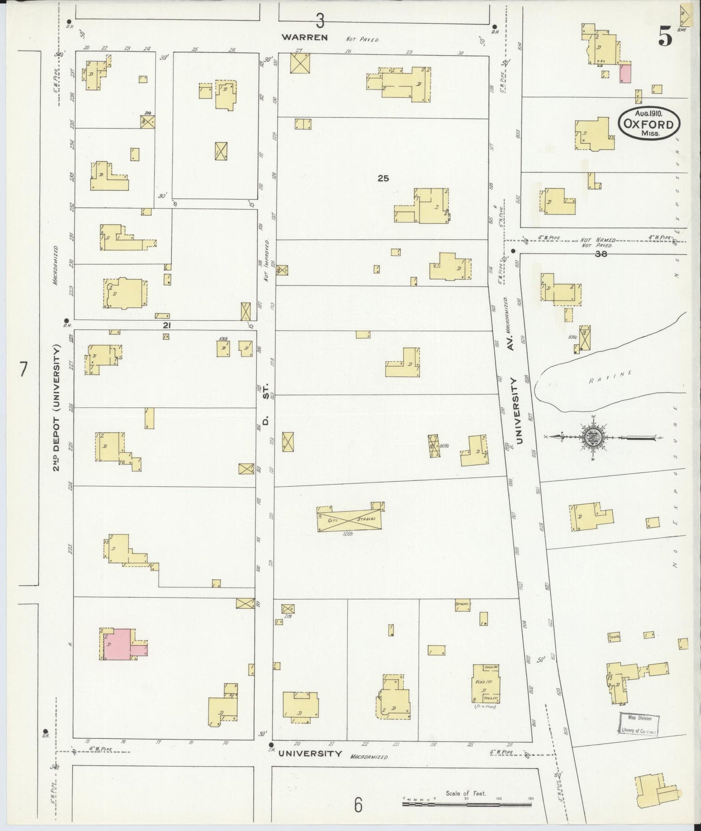 Sanborn Fire Insurance Map from Oxford, Lafayette County, Mississippi (1910), Sheet #0005 - Complete Map Set gallery image, historic Sanborn map, vintage wall art, Mississippi Mississippi