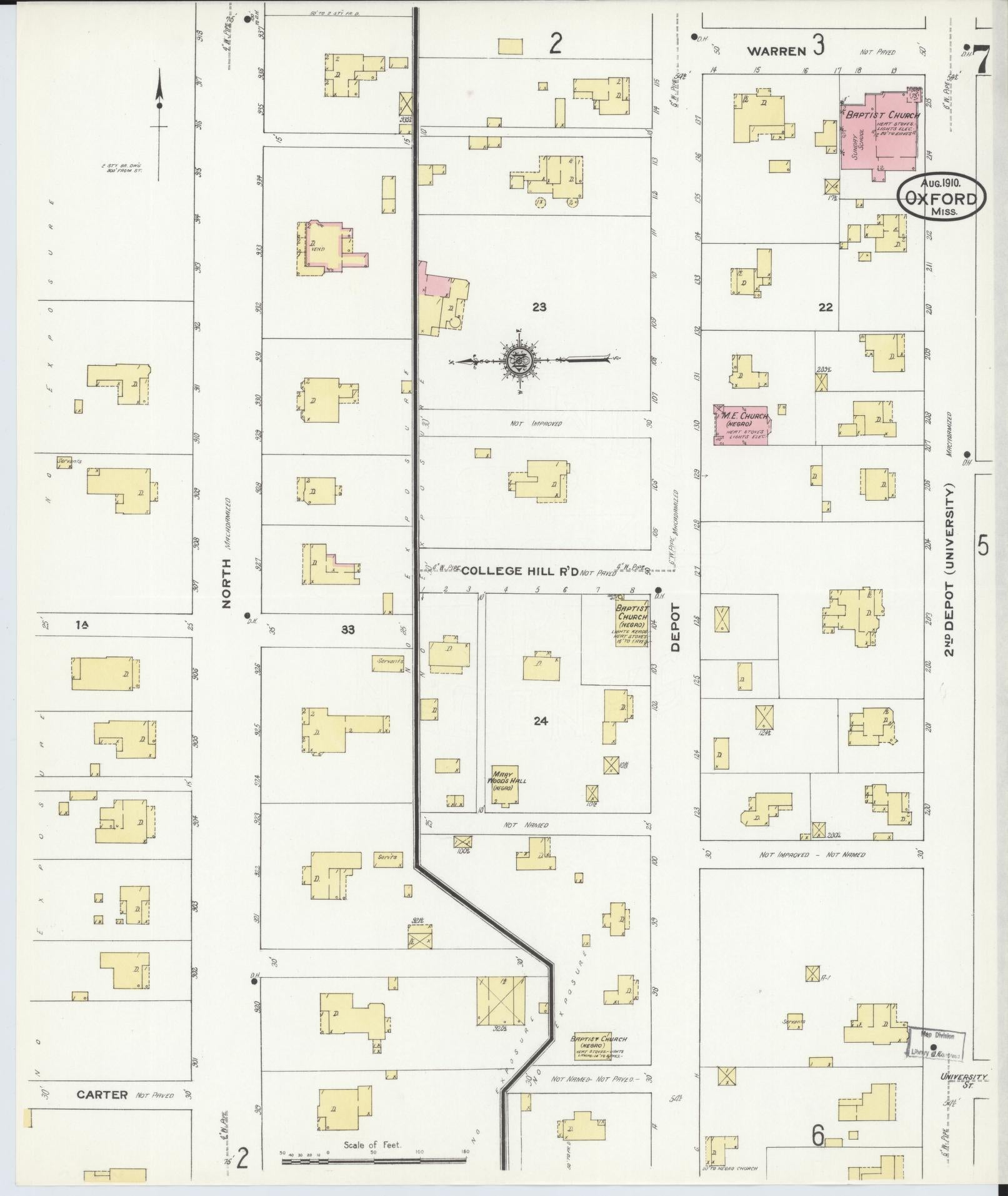 Sanborn Fire Insurance Map from Oxford, Lafayette County, Mississippi (1910), Sheet #0007 - Historic Sanborn Fire Insurance Map Print, vintage old map wall art, antique decor, genealogy gift, Mississippi Mississippi map