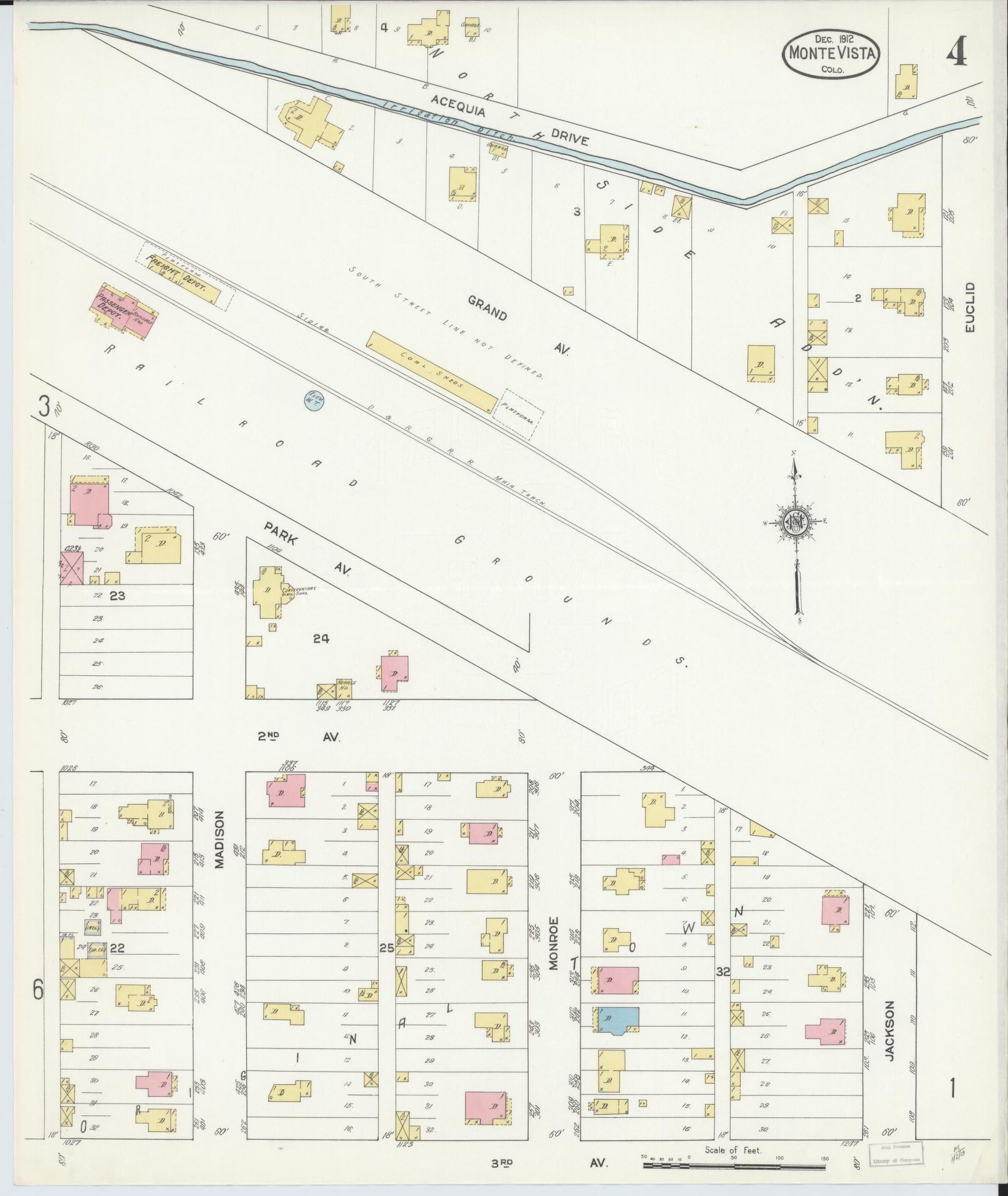 Sanborn Fire Insurance Map from Monte Vista, Rio Grande County, Colorado (1912), Sheet #0004 - Historic Sanborn Fire Insurance Map Print, vintage old map wall art, antique decor, genealogy gift, Colorado Colorado map
