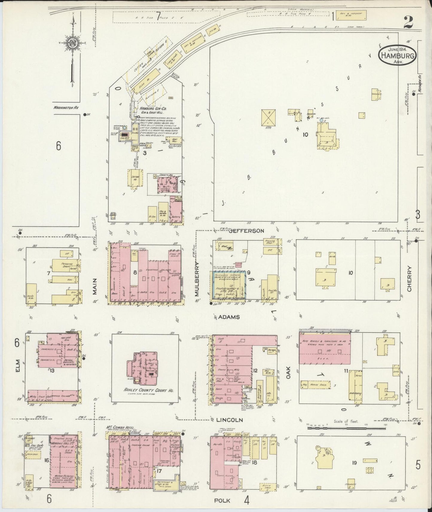 Sanborn Fire Insurance Map from Hamburg, Ashley County, Arkansas (1914), Sheet #0002 - Historic Sanborn Fire Insurance Map Print, vintage old map wall art, antique decor, genealogy gift, Arkansas Arkansas map