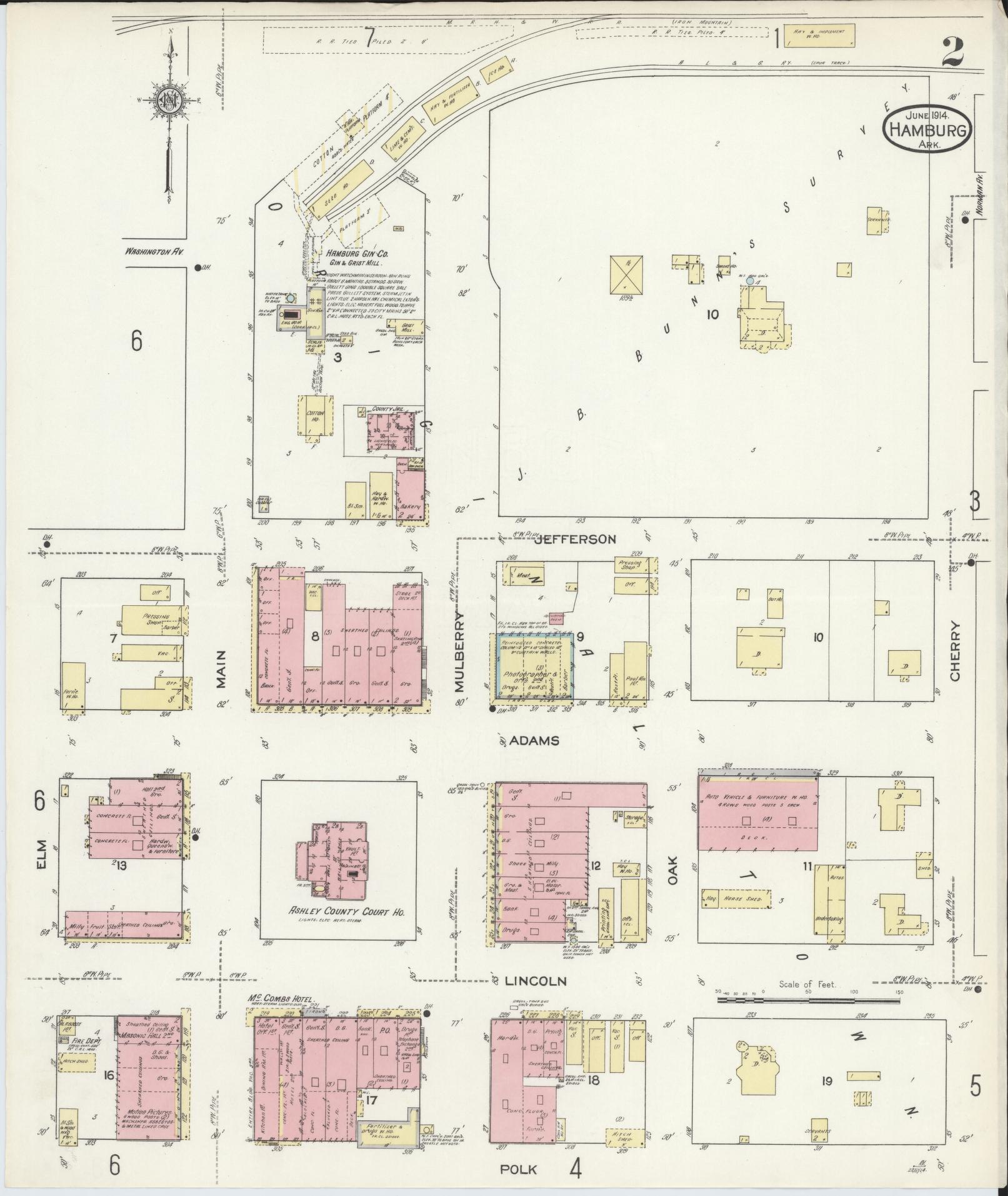 Sanborn Fire Insurance Map from Hamburg, Ashley County, Arkansas (1914), Sheet #0002 - Historic Sanborn Fire Insurance Map Print, vintage old map wall art, antique decor, genealogy gift, Arkansas Arkansas map