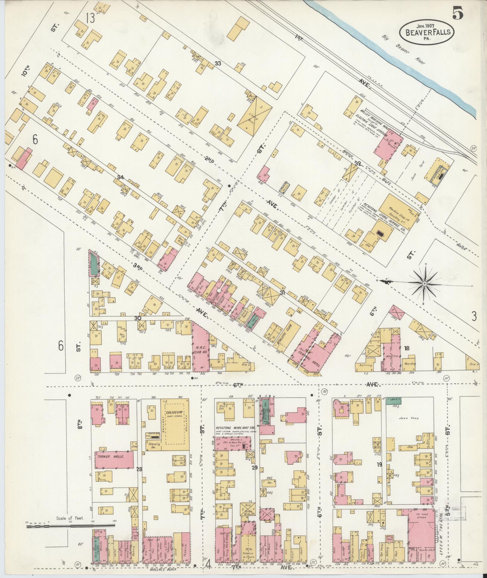 Sanborn Fire Insurance Map from Beaver Falls, Beaver County, Pennsylvania (1907), Sheet #0005 - Historic Sanborn Fire Insurance Map Print, vintage old map wall art, antique decor, genealogy gift, Pennsylvania Pennsylvania map