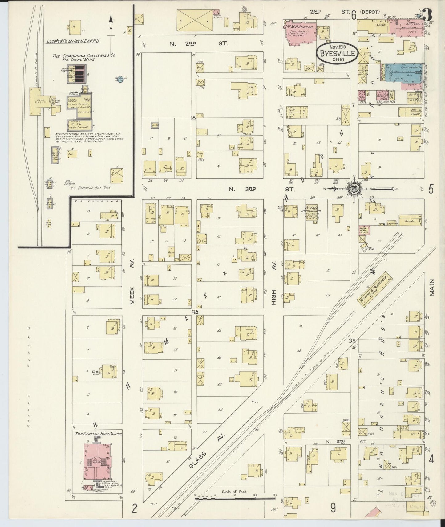 Sanborn Fire Insurance Map from Byesville, Guernsey County, Ohio (1913), Sheet #0003 - Historic Sanborn Fire Insurance Map Print, vintage old map wall art, antique decor, genealogy gift, Ohio Ohio map