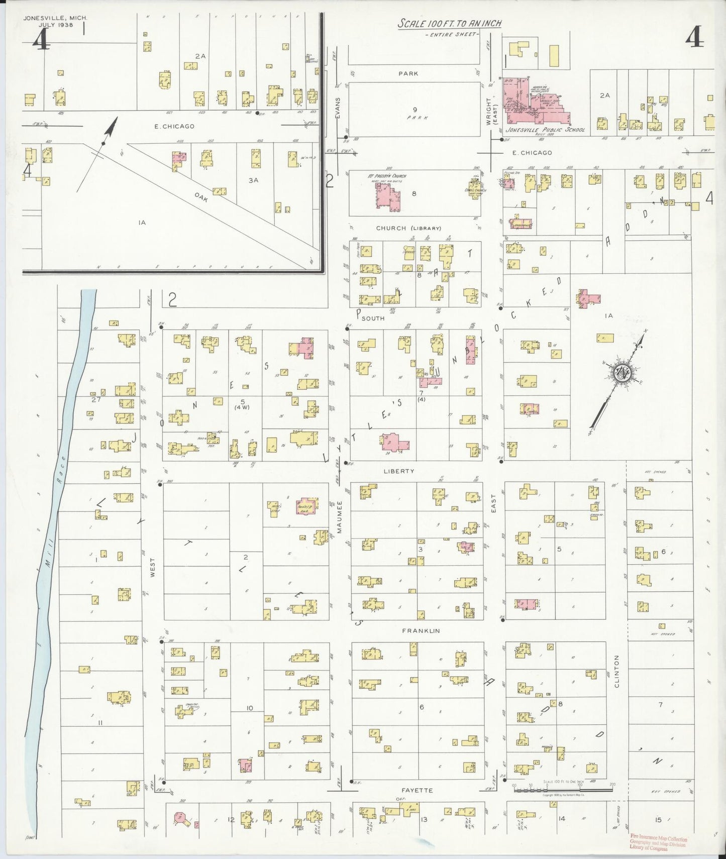 Sanborn Fire Insurance Map from Jonesville, Hillsdale County, Michigan (1938), Sheet #0004 - Complete Map Set gallery image, historic Sanborn map, vintage wall art, Michigan Michigan