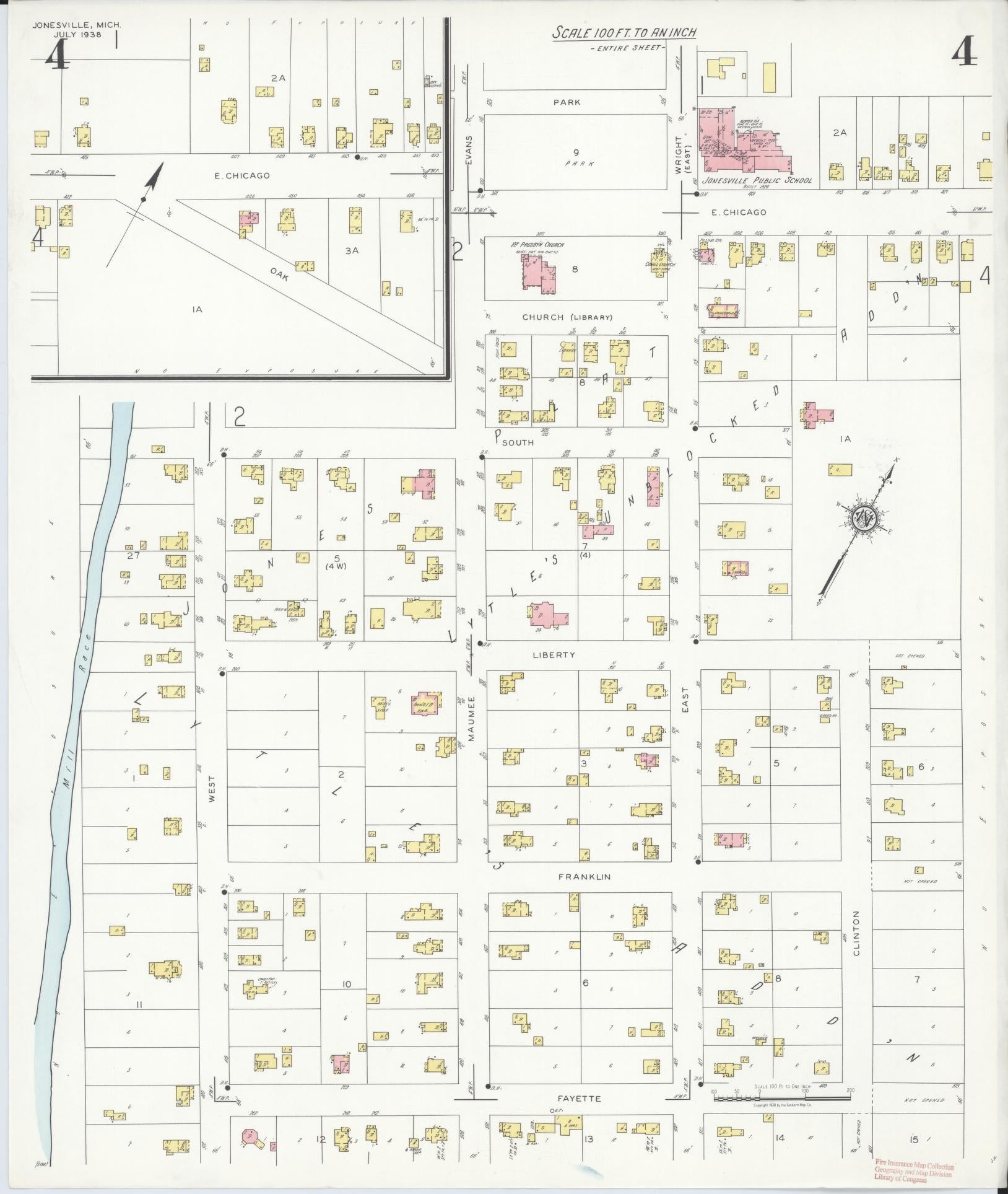 Sanborn Fire Insurance Map from Jonesville, Hillsdale County, Michigan (1938), Sheet #0004 - Complete Map Set gallery image, historic Sanborn map, vintage wall art, Michigan Michigan
