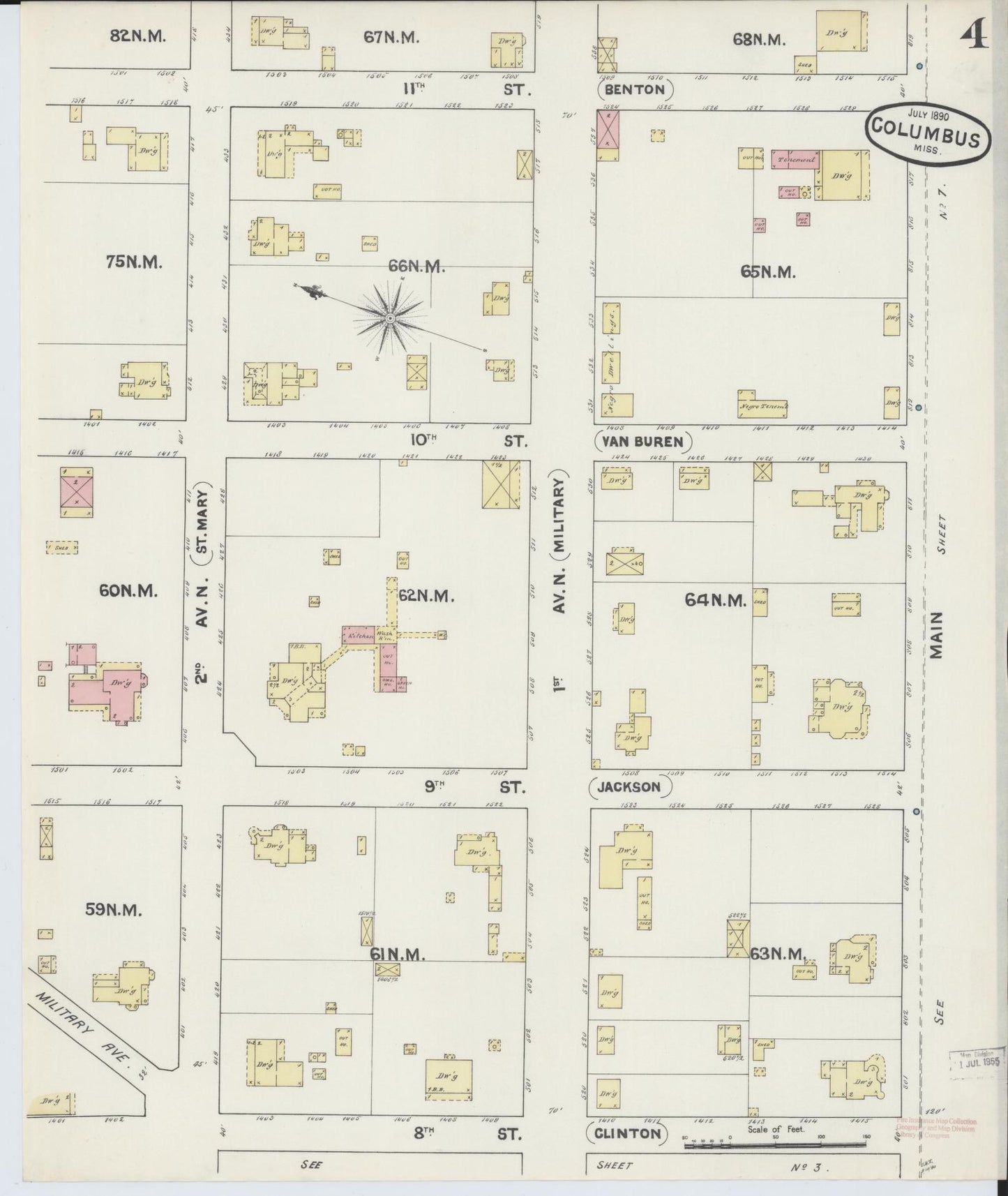 Sanborn Fire Insurance Map from Columbus, Lowndes County, Mississippi (1890), Sheet #0004 - Historic Sanborn Fire Insurance Map Print, vintage old map wall art, antique decor, genealogy gift, Mississippi Mississippi map