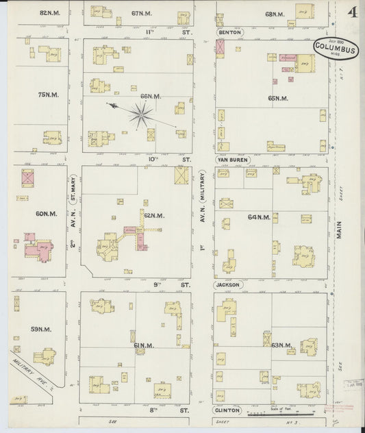 Sanborn Fire Insurance Map from Columbus, Lowndes County, Mississippi (1890), Sheet #0004 - Historic Sanborn Fire Insurance Map Print, vintage old map wall art, antique decor, genealogy gift, Mississippi Mississippi map
