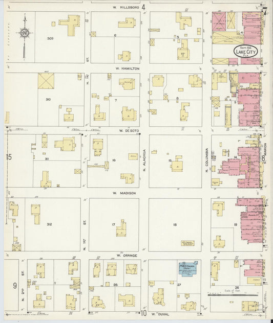 Sanborn Fire Insurance Map from Lake City, Columbia County, Florida (1912), Sheet #0007 - Historic Sanborn Fire Insurance Map Print, vintage old map wall art, antique decor, genealogy gift, Florida Florida map