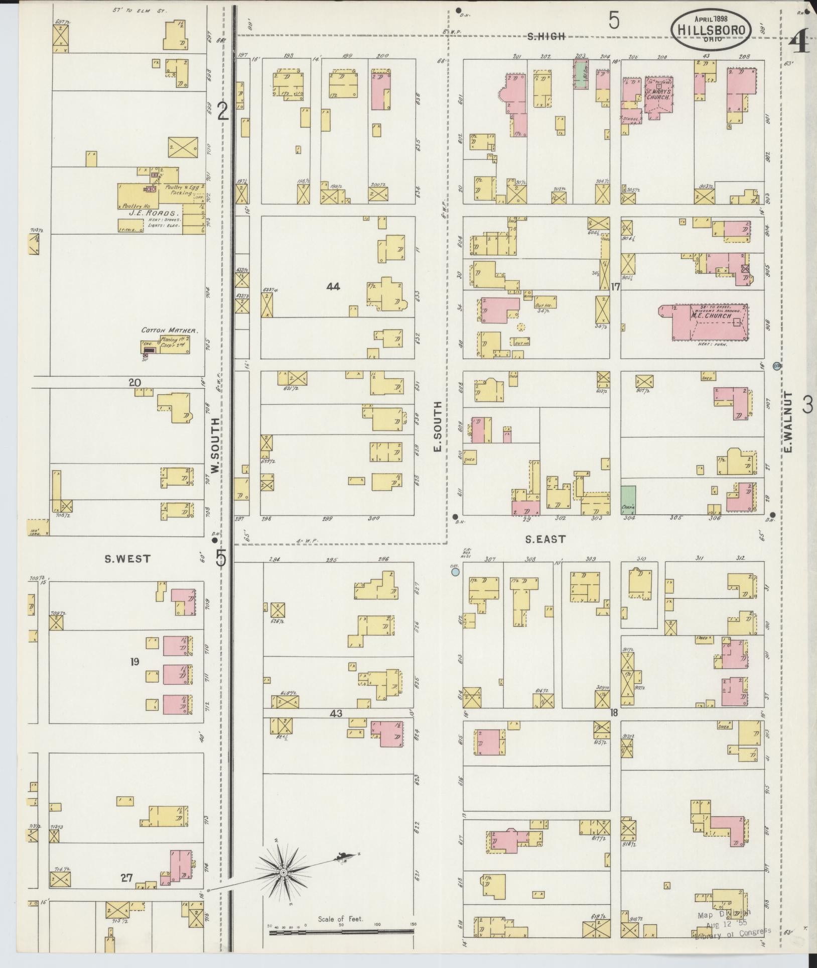 Sanborn Fire Insurance Map from Hillsboro, Highland County, Ohio (1898), Sheet #0004 - Historic Sanborn Fire Insurance Map Print, vintage old map wall art, antique decor, genealogy gift, Ohio Ohio map