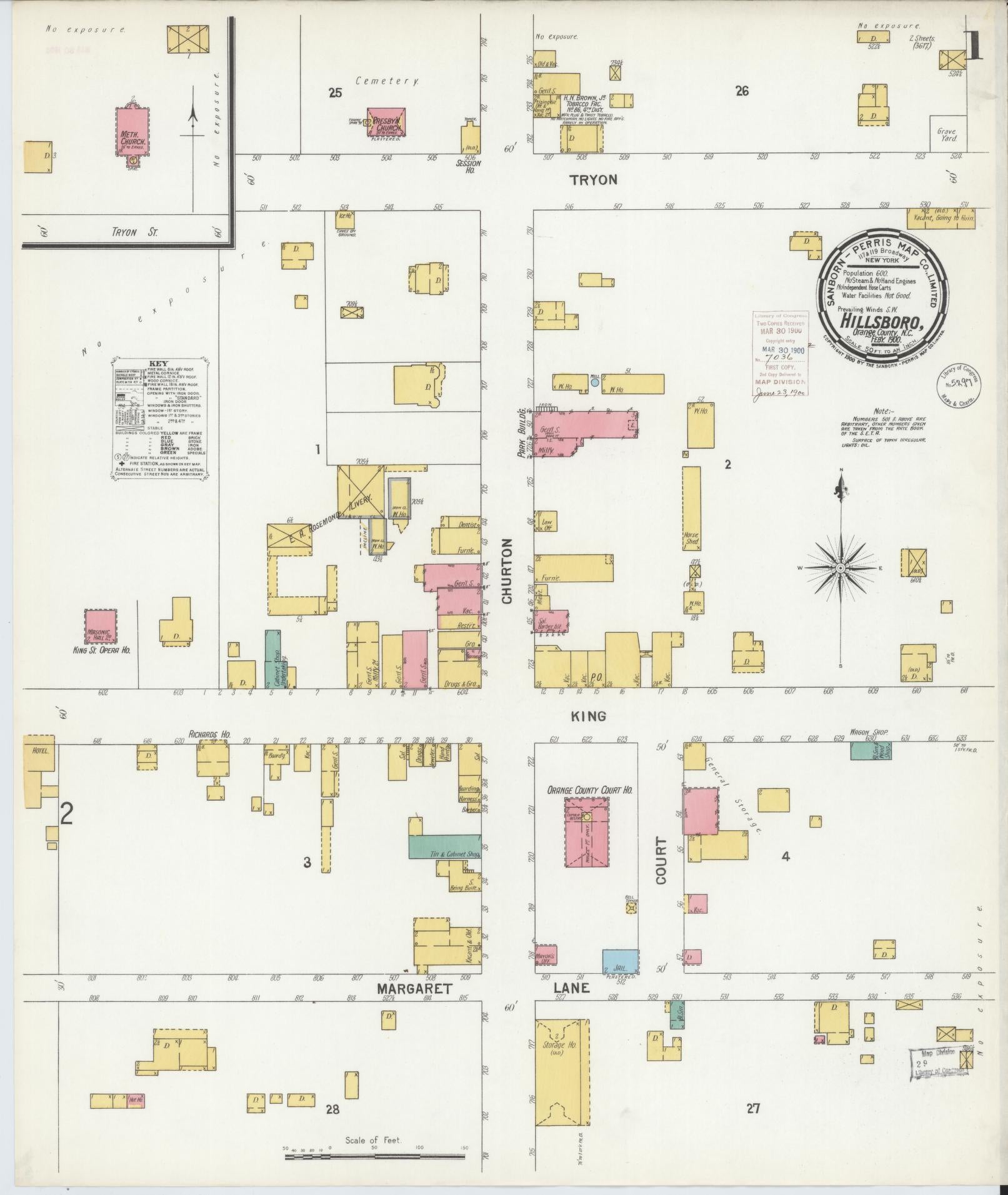 Sanborn Fire Insurance Map from Hillsboro, Orange County, North Carolina (1900), Sheet #0001 - Complete Map Set gallery image, historic Sanborn map, vintage wall art, North Carolina North Carolina
