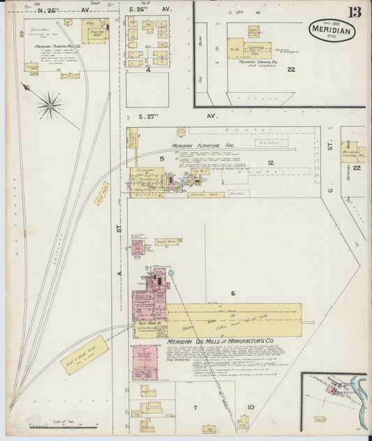 Sanborn Fire Insurance Map from Meridian, Lauderdale County, Mississippi (1889), Sheet #0013 - Historic Sanborn Fire Insurance Map Print, vintage old map wall art, antique decor, genealogy gift, Mississippi Mississippi map