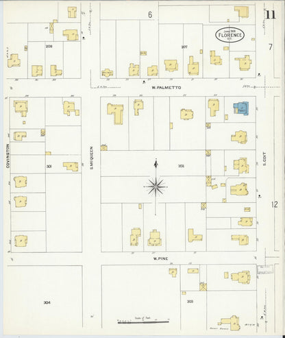 Sanborn Fire Insurance Map from Florence, Florence County, South Carolina (1908), Sheet #0011 - Complete Map Set gallery image, historic Sanborn map, vintage wall art, South Carolina South Carolina