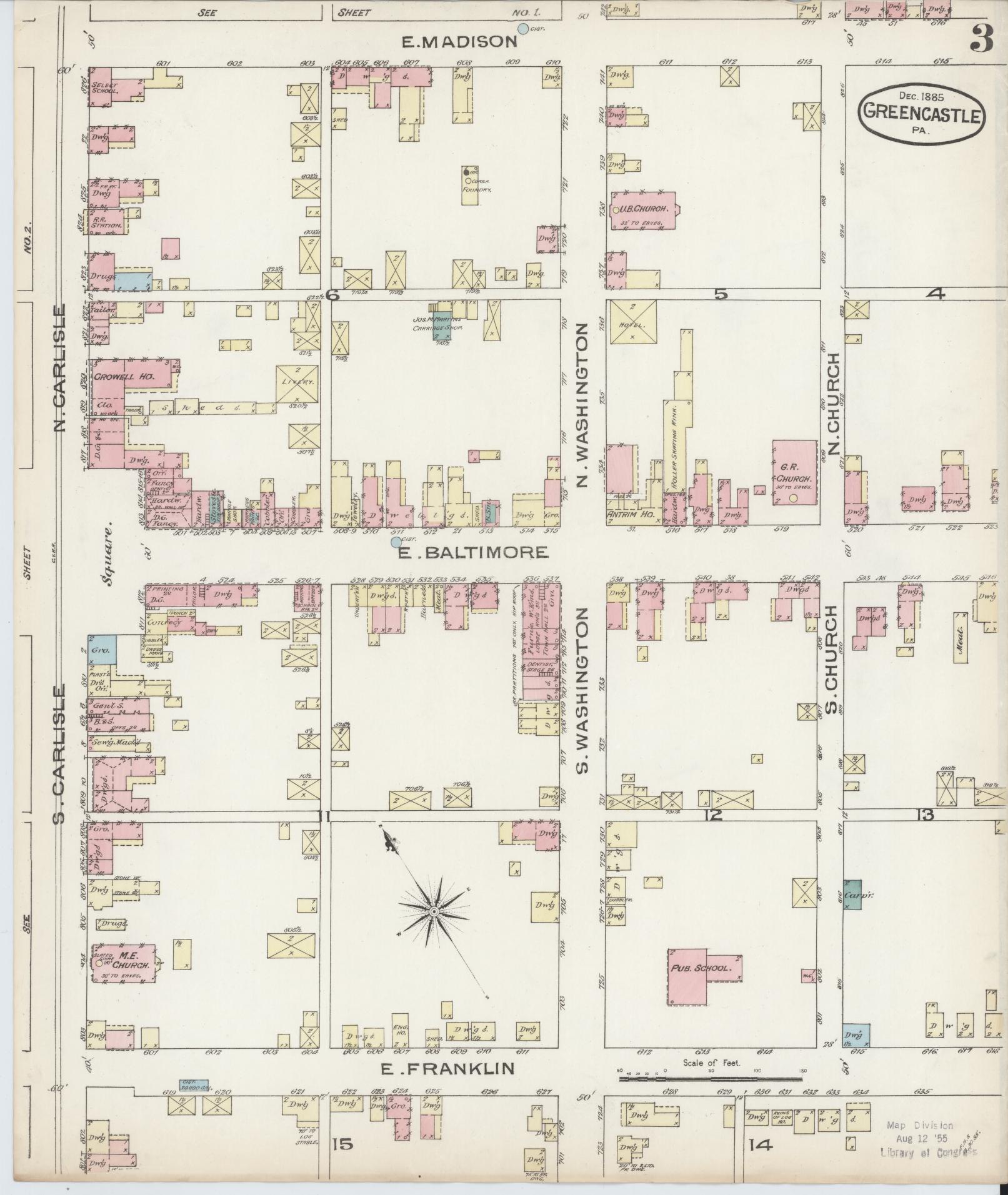 Sanborn Fire Insurance Map from Greencastle, Franklin County, Pennsylvania (1885), Sheet #0003 - Historic Sanborn Fire Insurance Map Print, vintage old map wall art, antique decor, genealogy gift, Pennsylvania Pennsylvania map