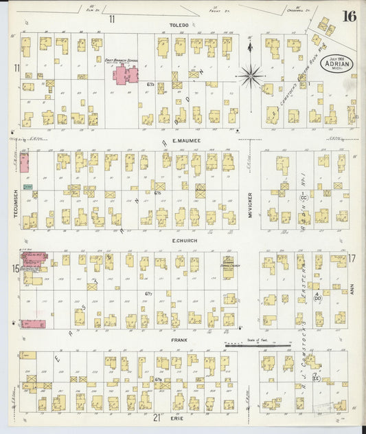 Sanborn Fire Insurance Map from Adrian, Lenawee County, Michigan (1908), Sheet #0016 - Historic Sanborn Fire Insurance Map Print, vintage old map wall art, antique decor, genealogy gift, Michigan Michigan map