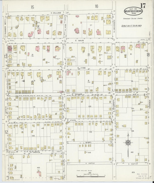 Sanborn Fire Insurance Map from Murfreesboro, Rutherford County, Tennessee (1914), Sheet #0017 - Historic Sanborn Fire Insurance Map Print, vintage old map wall art, antique decor, genealogy gift, Tennessee Tennessee map