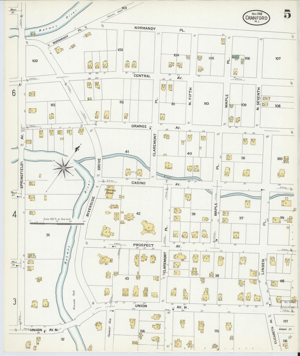 Sanborn Fire Insurance Map from Cranford, Union County, New Jersey (1908), Sheet #0005 - Historic Sanborn Fire Insurance Map Print, vintage old map wall art, antique decor, genealogy gift, New Jersey New Jersey map