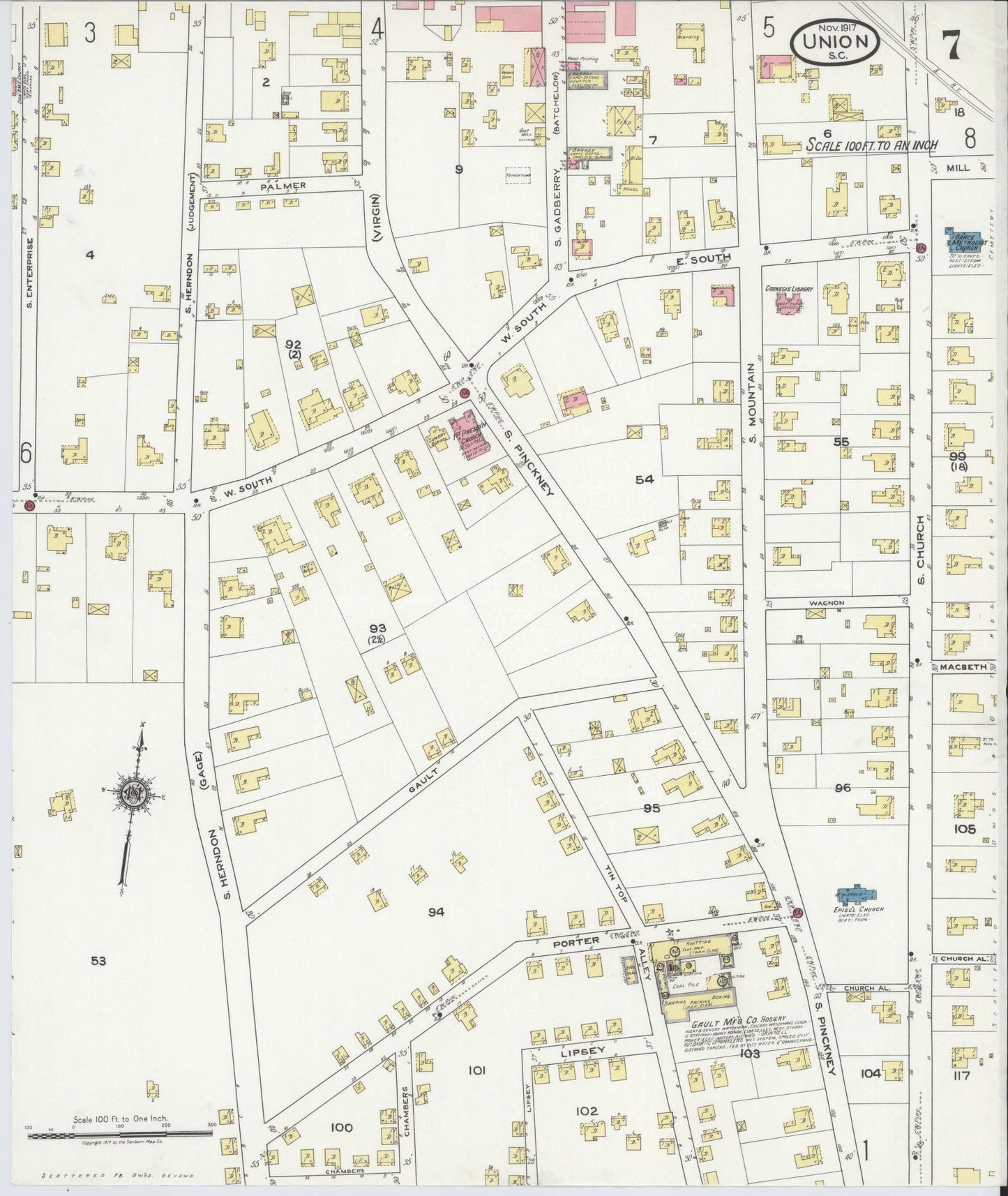 Sanborn Fire Insurance Map from Union, Union County, South Carolina (1917), Sheet #0007 - Complete Map Set gallery image, historic Sanborn map, vintage wall art, South Carolina South Carolina