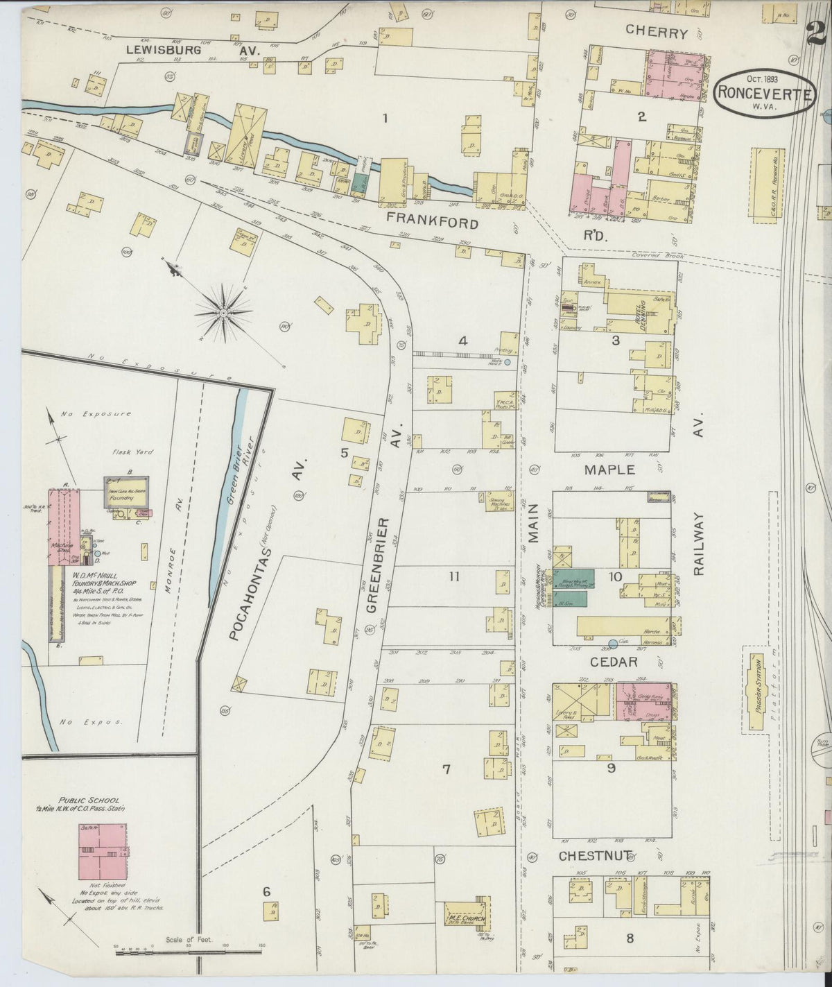 Sanborn Fire Insurance Map from Ronceverte, Greenbrier County, West Virginia (1893), Sheet #0002 - Historic Sanborn Fire Insurance Map Print, vintage old map wall art, antique decor, genealogy gift, West Virginia West Virginia map