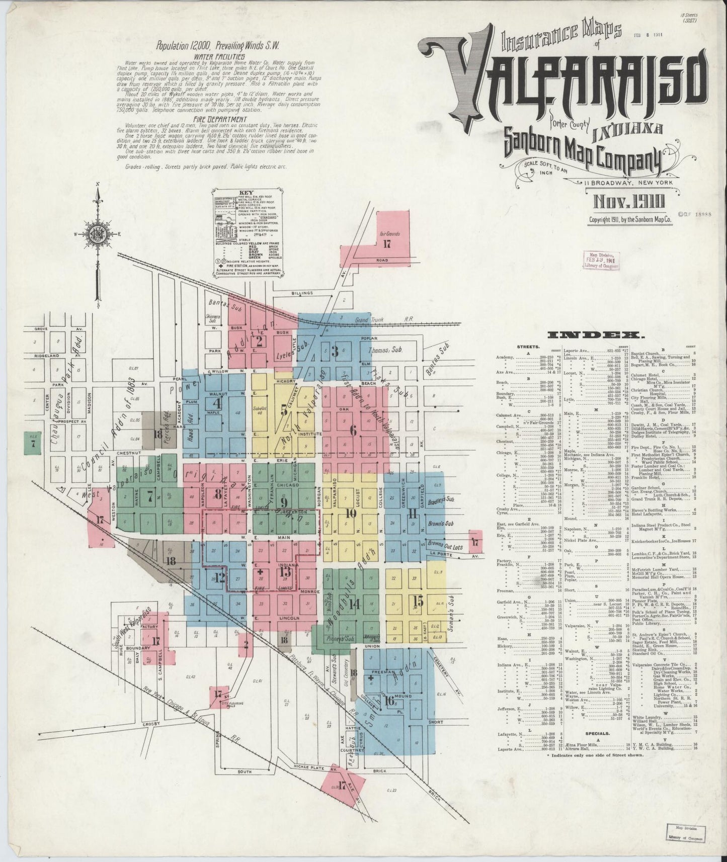 Sanborn Fire Insurance Map from Valparaiso, Porter County, Indiana (1910), Sheet #0001 - Historic Sanborn Fire Insurance Map Print, vintage old map wall art, antique decor, genealogy gift, Indiana Indiana map