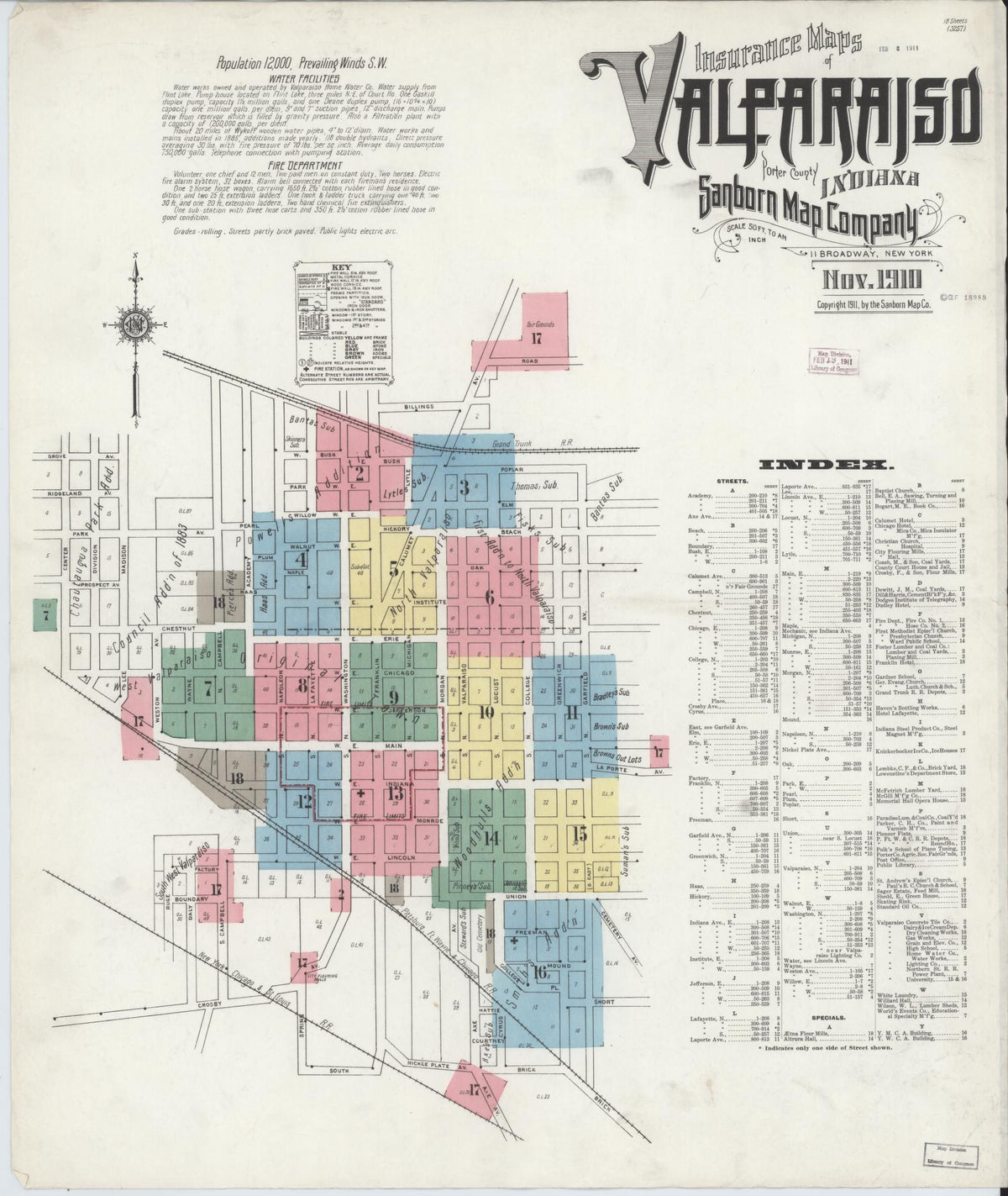 Sanborn Fire Insurance Map from Valparaiso, Porter County, Indiana (1910), Sheet #0001 - Historic Sanborn Fire Insurance Map Print, vintage old map wall art, antique decor, genealogy gift, Indiana Indiana map