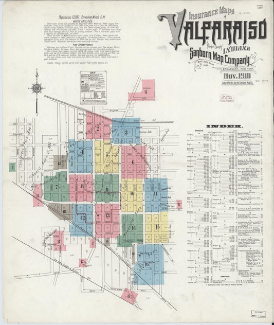 Sanborn Fire Insurance Map from Valparaiso, Porter County, Indiana (1910), Sheet #0001 - Historic Sanborn Fire Insurance Map Print, vintage old map wall art, antique decor, genealogy gift, Indiana Indiana map