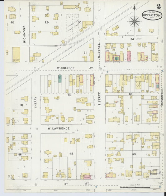 Sanborn Fire Insurance Map from Appleton, Outagamie County, Wisconsin (1891), Sheet #0002 - Historic Sanborn Fire Insurance Map Print, vintage old map wall art, antique decor, genealogy gift, Wisconsin Wisconsin map