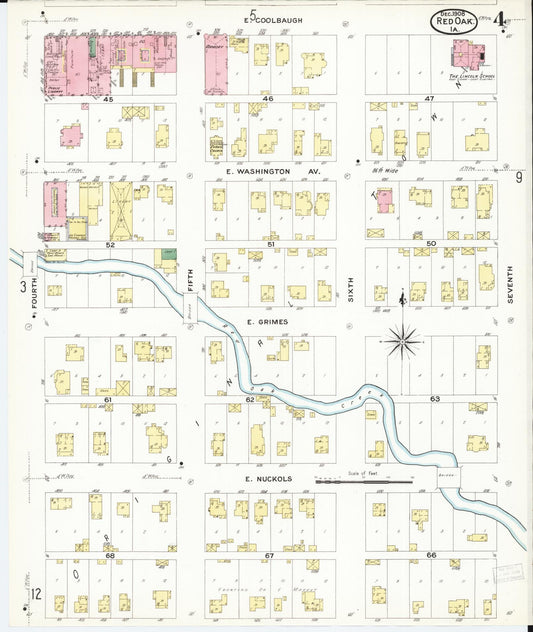 Sanborn Fire Insurance Map from Red Oak, Montgomery County, Iowa (1908), Sheet #0004 - Historic Sanborn Fire Insurance Map Print, vintage old map wall art