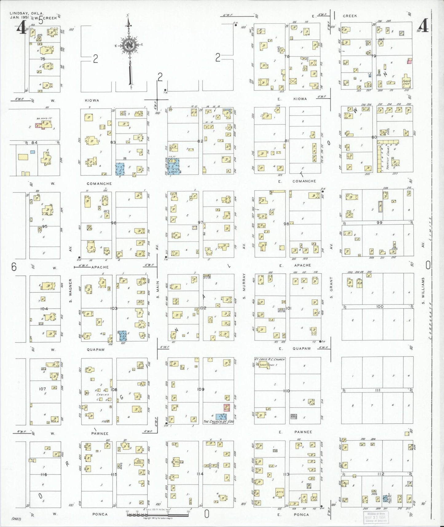 Sanborn Fire Insurance Map from Lindsay, Garvin County, Oklahoma (1951), Sheet #0004 - Complete Map Set gallery image, historic Sanborn map, vintage wall art, Oklahoma Oklahoma