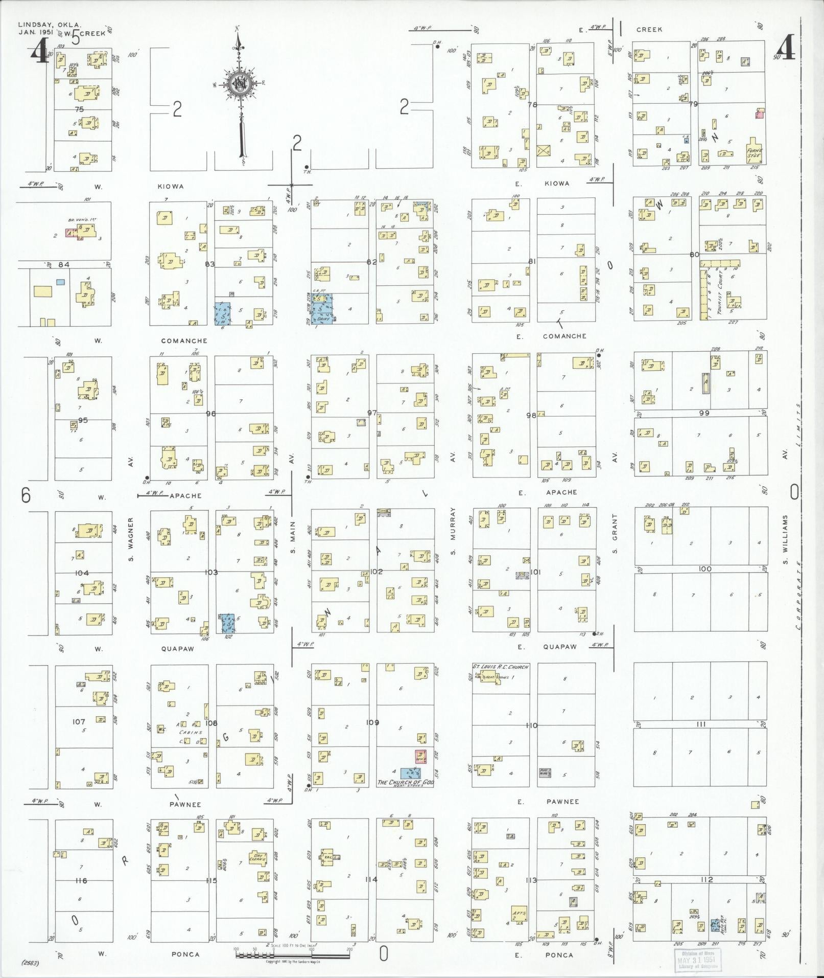 Sanborn Fire Insurance Map from Lindsay, Garvin County, Oklahoma (1951), Sheet #0004 - Complete Map Set gallery image, historic Sanborn map, vintage wall art, Oklahoma Oklahoma