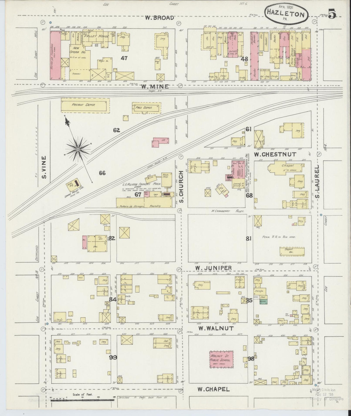 Sanborn Fire Insurance Map from Hazleton, Luzerne County, Pennsylvania (1891), Sheet #0005 - Historic Sanborn Fire Insurance Map Print, vintage old map wall art, antique decor, genealogy gift, Pennsylvania Pennsylvania map