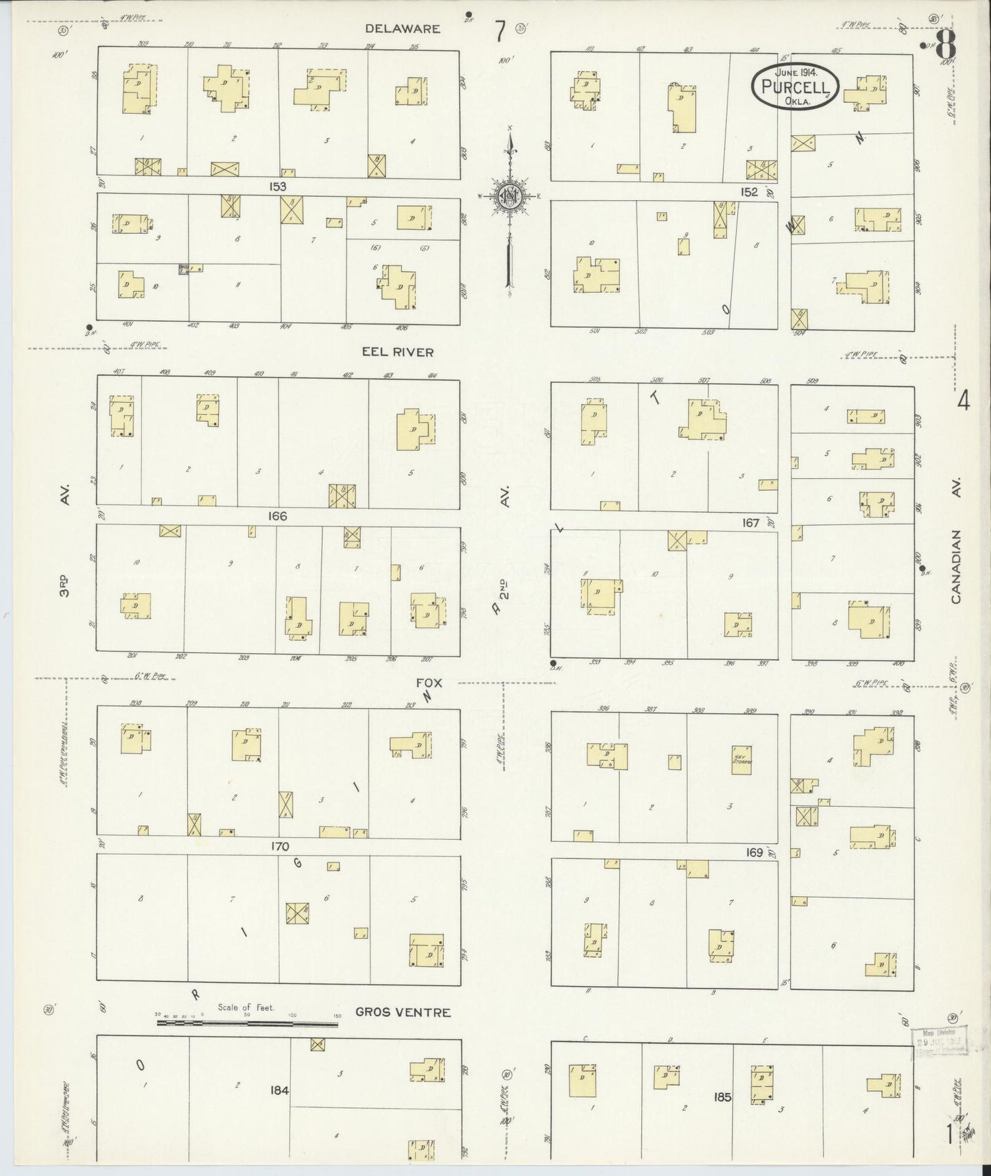 Sanborn Fire Insurance Map from Purcell, McClain County, Oklahoma (1914), Sheet #0008 - Complete Map Set gallery image, historic Sanborn map, vintage wall art, Oklahoma Oklahoma