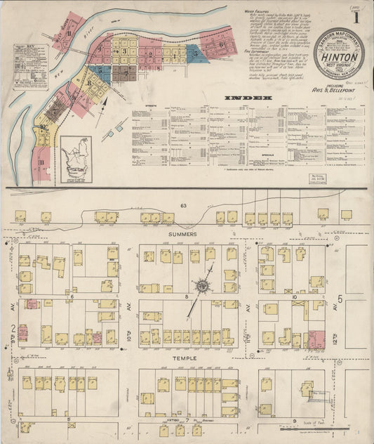 Sanborn Fire Insurance Map from Hinton, Summer County, West Virginia (1922), Sheet #0001 - Historic Sanborn Fire Insurance Map Print, vintage old map wall art, antique decor, genealogy gift, West Virginia West Virginia map