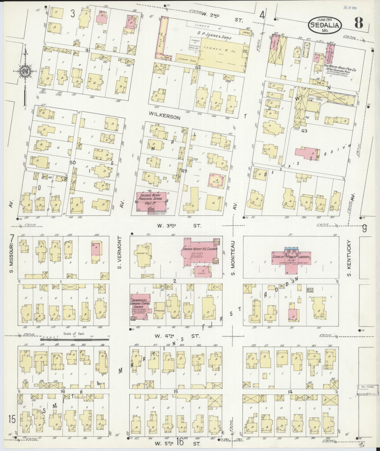 Sanborn Fire Insurance Map from Sedalia, Pettis County, Missouri (1914), Sheet #0008 - Historic Sanborn Fire Insurance Map Print, vintage old map wall art, antique decor, genealogy gift, Missouri Missouri map