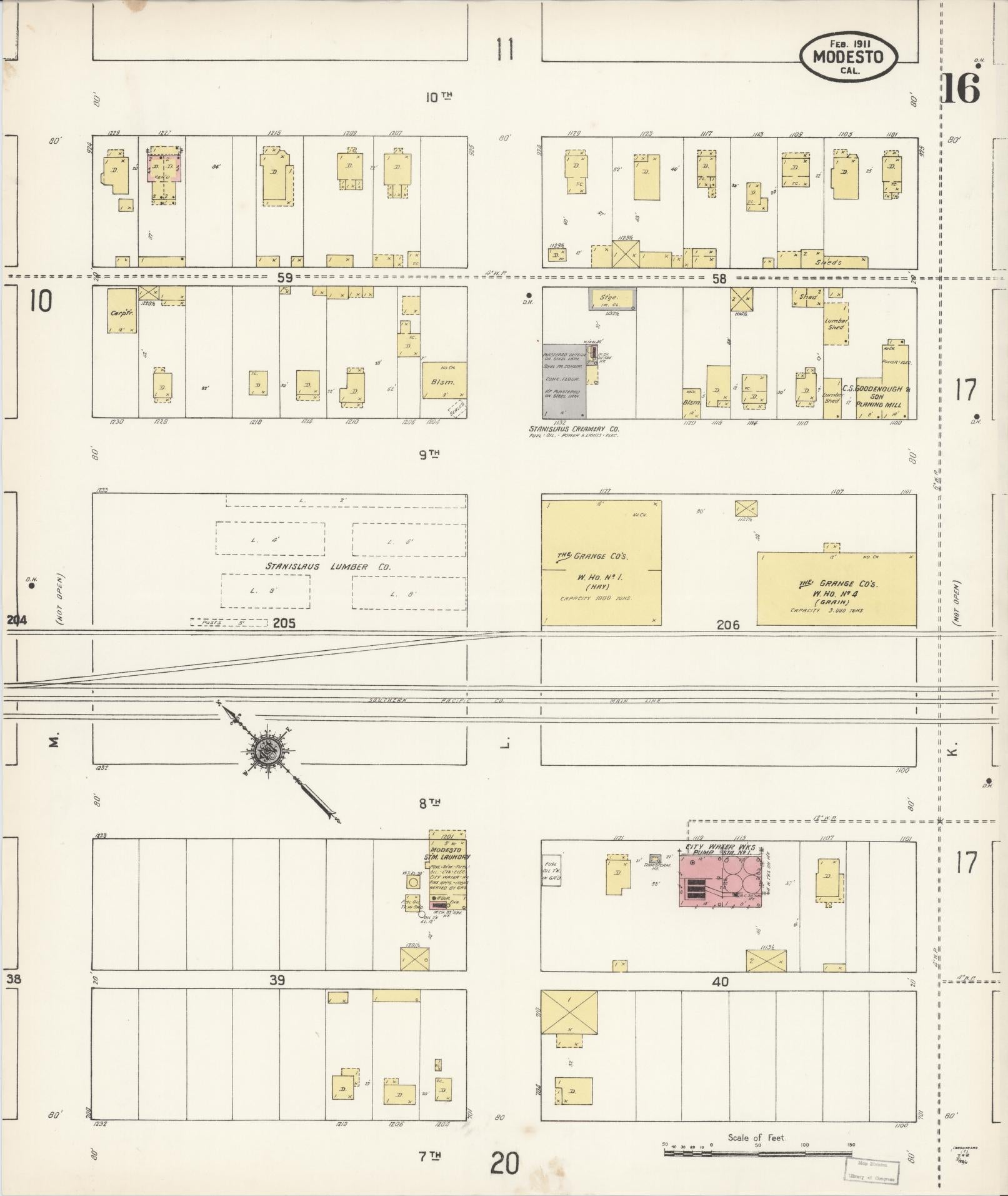 Sanborn Fire Insurance Map from Modesto, Stanislaus County, California (1911), Sheet #0016 - Complete Map Set gallery image, historic Sanborn map, vintage wall art, California California
