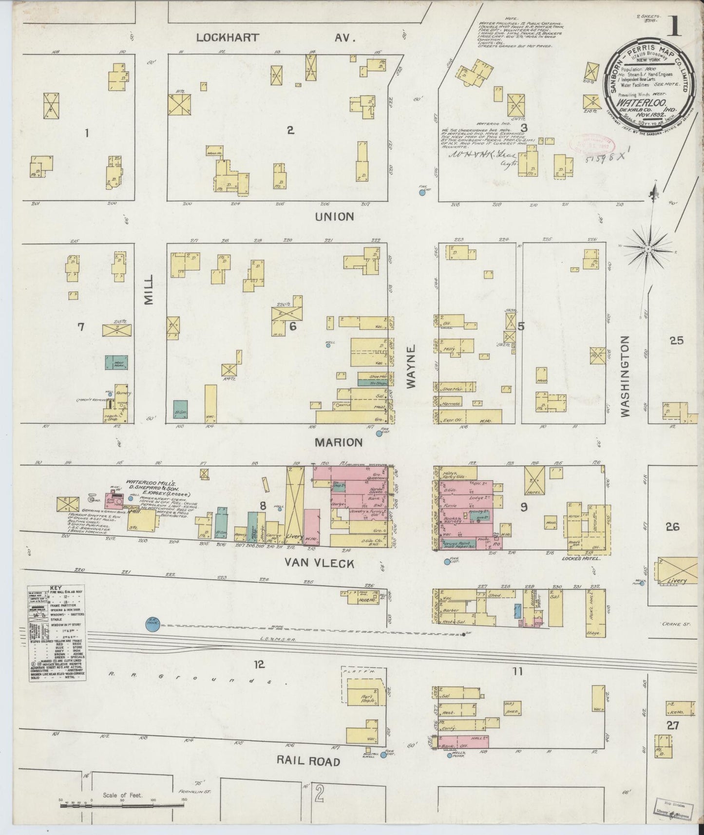 Sanborn Fire Insurance Map from Waterloo, De Kalb County, Indiana (1892), Sheet #0001 - Complete Map Set gallery image, historic Sanborn map, vintage wall art, Indiana Indiana