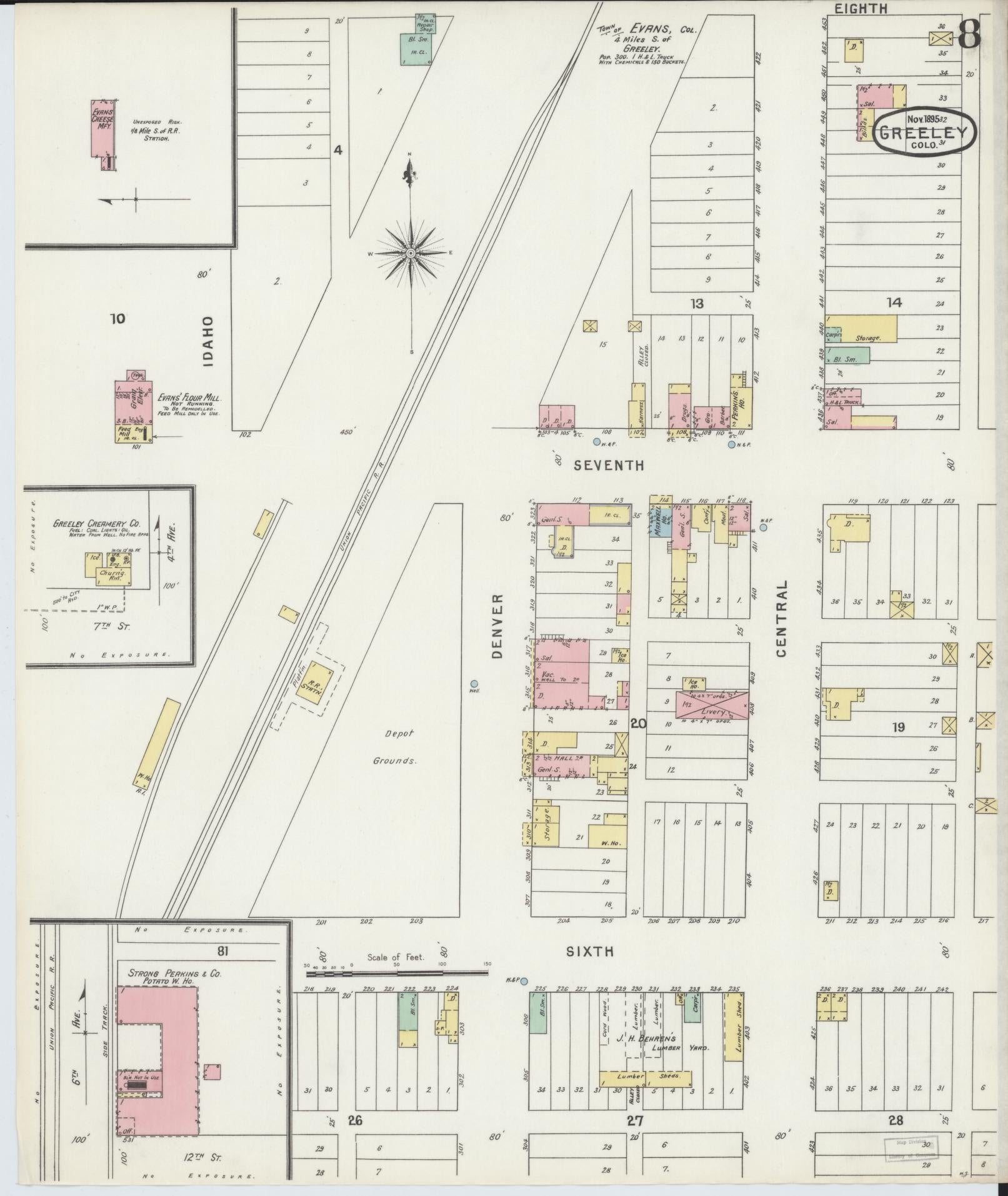 Sanborn Fire Insurance Map from Greeley, Weld County, Colorado (1895), Sheet #0008 - Complete Map Set gallery image, historic Sanborn map, vintage wall art, Colorado Colorado