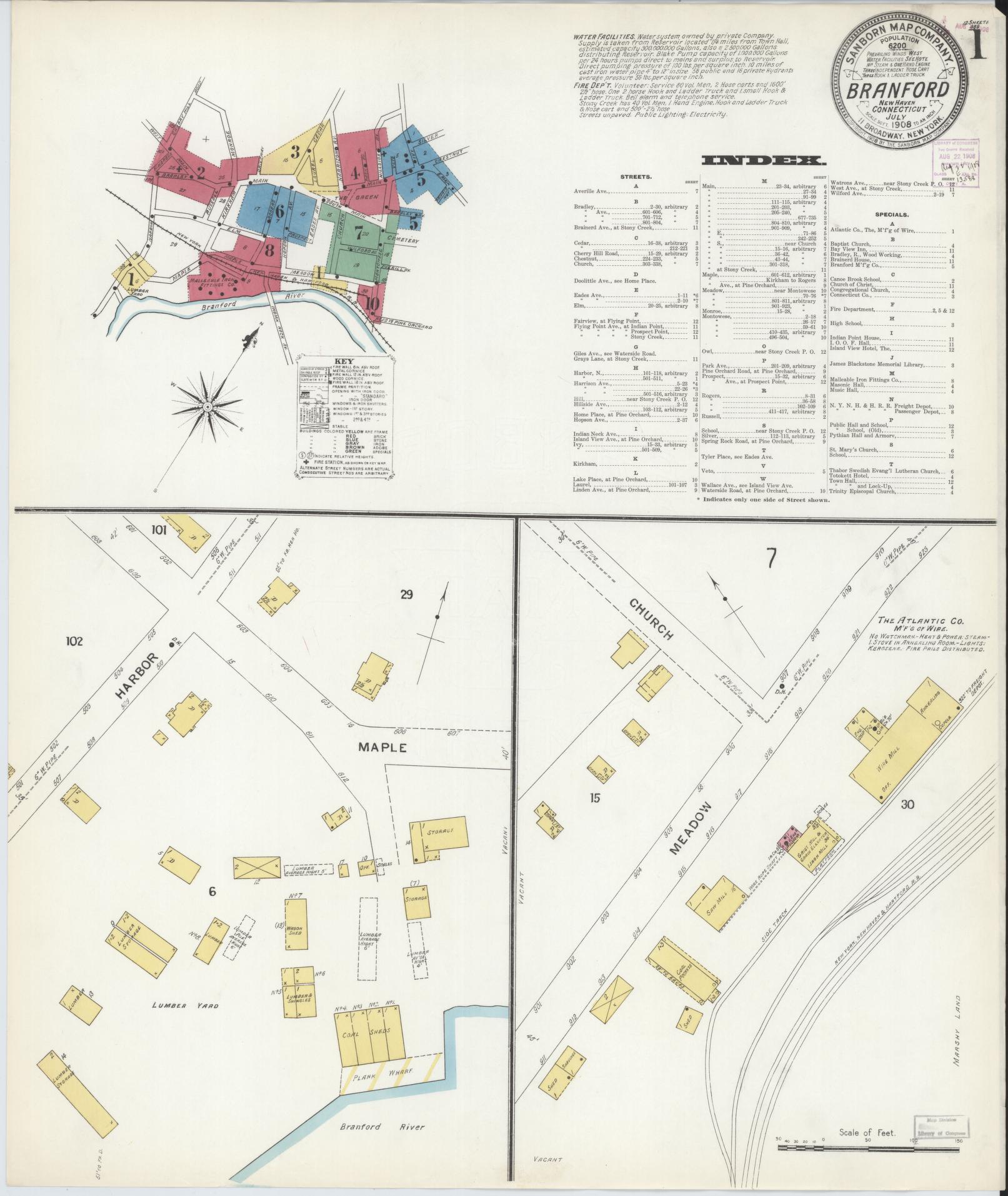 Sanborn Fire Insurance Map from Branford, New Haven County, Connecticut (1908), Sheet #0001 - Complete Map Set gallery image, historic Sanborn map, vintage wall art, Connecticut Connecticut