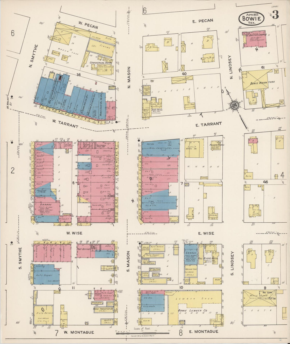 Sanborn Fire Insurance Map from Bowie, Montague County, Texas (1922), Sheet #0003 - Complete Map Set gallery image, historic Sanborn map, vintage wall art, Texas Texas