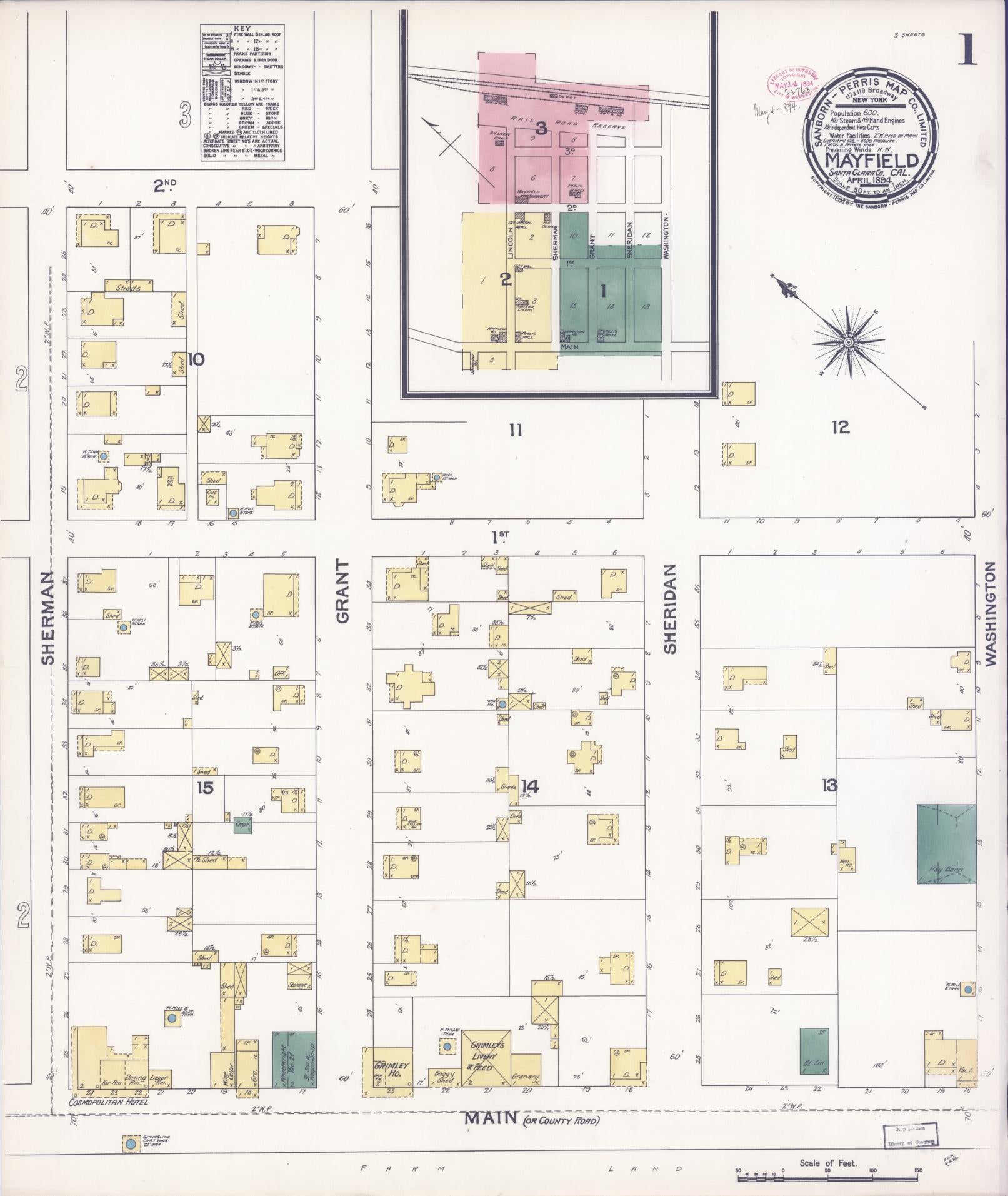 Sanborn Fire Insurance Map from Mayfield, Santa Clara County, California (1894), Sheet #0001 - Historic Sanborn Fire Insurance Map Print, vintage old map wall art, antique decor, genealogy gift, California California map