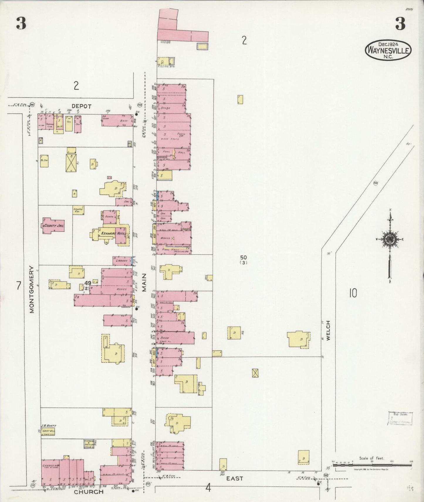Sanborn Fire Insurance Map from Waynesville, Haywood County, North Carolina (1924), Sheet #0003 - Complete Map Set gallery image, historic Sanborn map, vintage wall art, North Carolina North Carolina