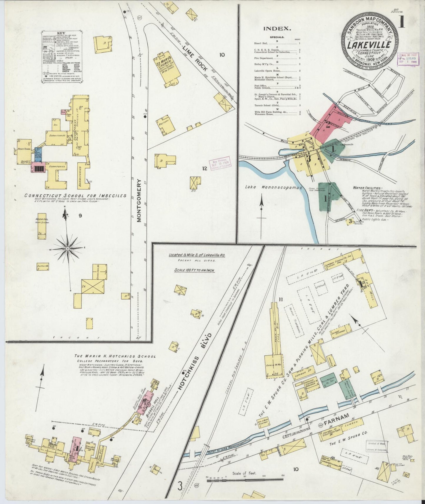 Sanborn Fire Insurance Map from Lakeville, Litchfield County, Connecticut (1909), Sheet #0001 - Complete Map Set gallery image, historic Sanborn map, vintage wall art, Connecticut Connecticut