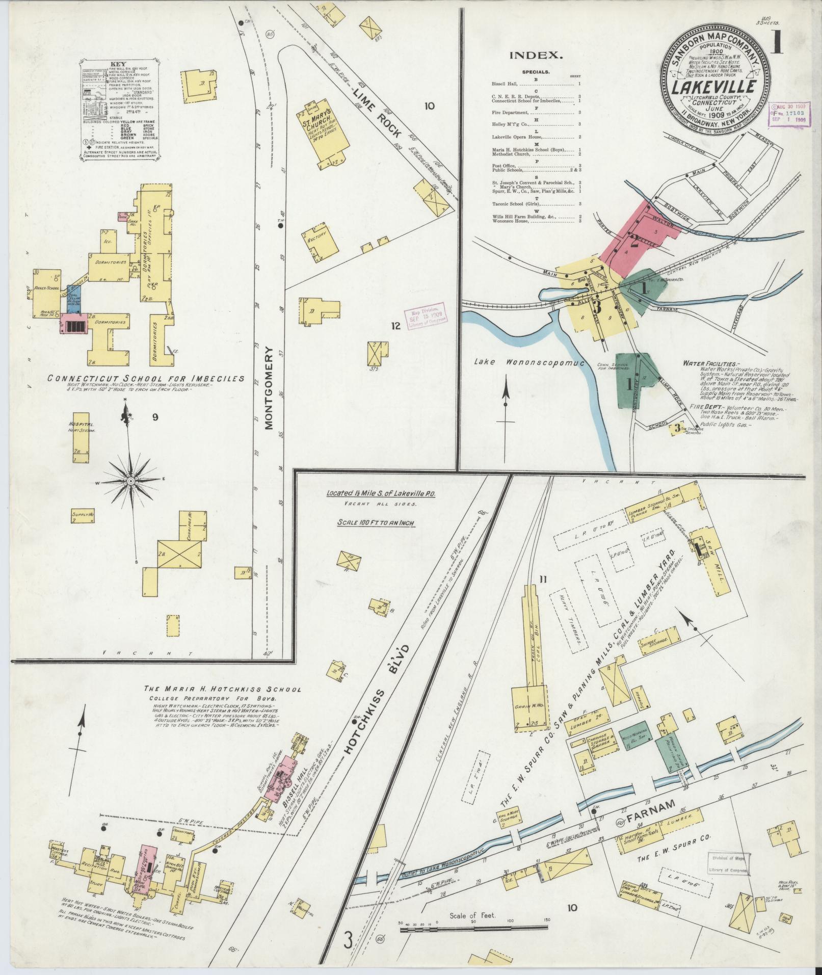 Sanborn Fire Insurance Map from Lakeville, Litchfield County, Connecticut (1909), Sheet #0001 - Complete Map Set gallery image, historic Sanborn map, vintage wall art, Connecticut Connecticut