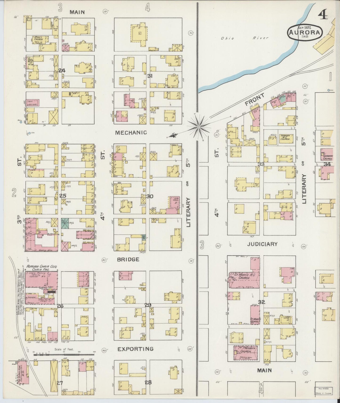 Sanborn Fire Insurance Map from Aurora, Dearborn County, Indiana (1892), Sheet #0004 - Historic Sanborn Fire Insurance Map Print, vintage old map wall art, antique decor, genealogy gift, Indiana Indiana map