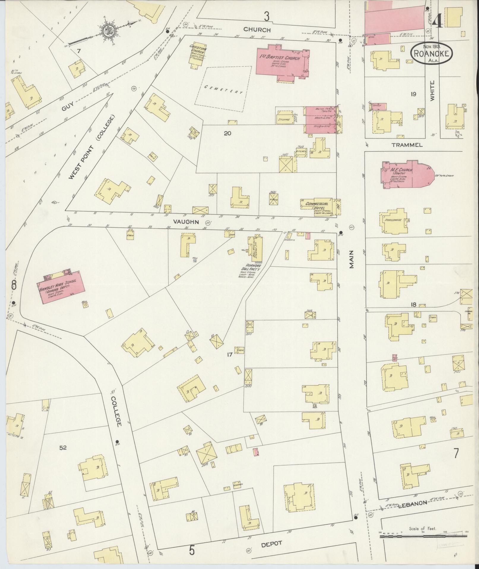 Sanborn Fire Insurance Map from Roanoke, Randolph County, Alabama (1913), Sheet #0004 - Historic Sanborn Fire Insurance Map Print, vintage old map wall art, antique decor, genealogy gift, Alabama Alabama map