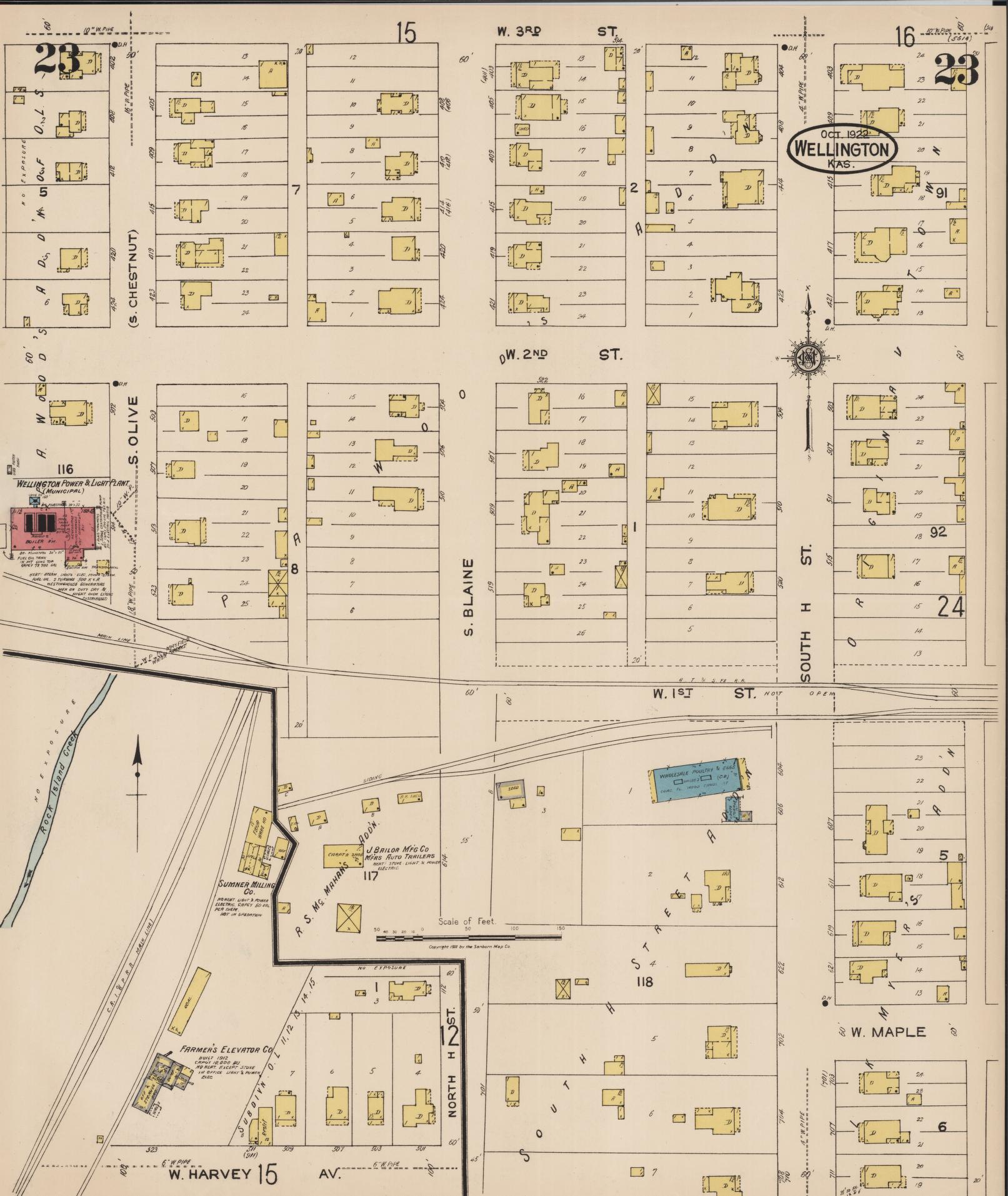 Sanborn Fire Insurance Map from Wellington, Sumner County, Kansas (1922), Sheet #0023 - Historic Sanborn Fire Insurance Map Print, vintage old map wall art, antique decor, genealogy gift, Kansas Kansas map