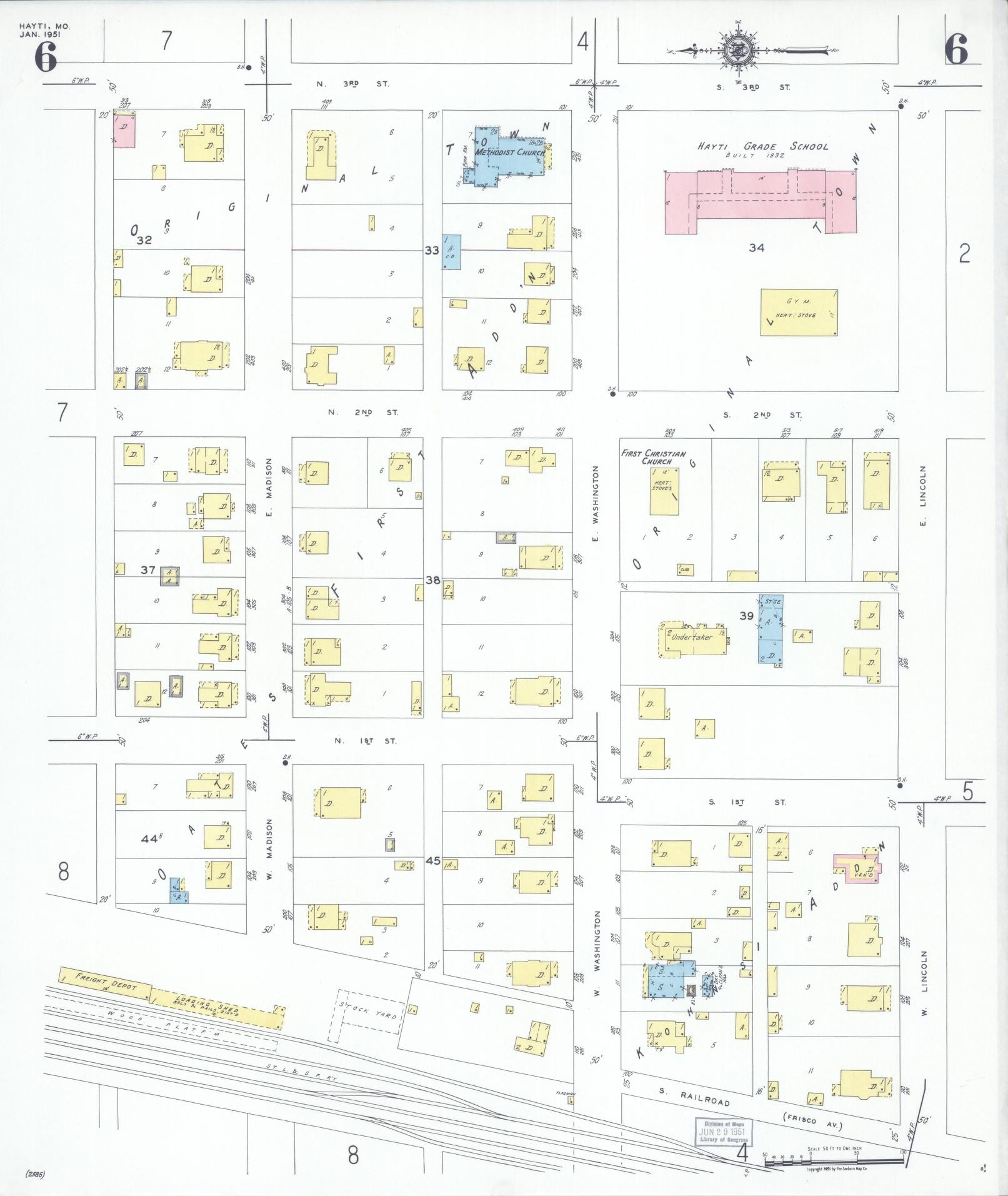 Sanborn Fire Insurance Map from Hayti, Pemiscot County, Missouri (1951), Sheet #0006 - Historic Sanborn Fire Insurance Map Print, vintage old map wall art, antique decor, genealogy gift, Missouri Missouri map